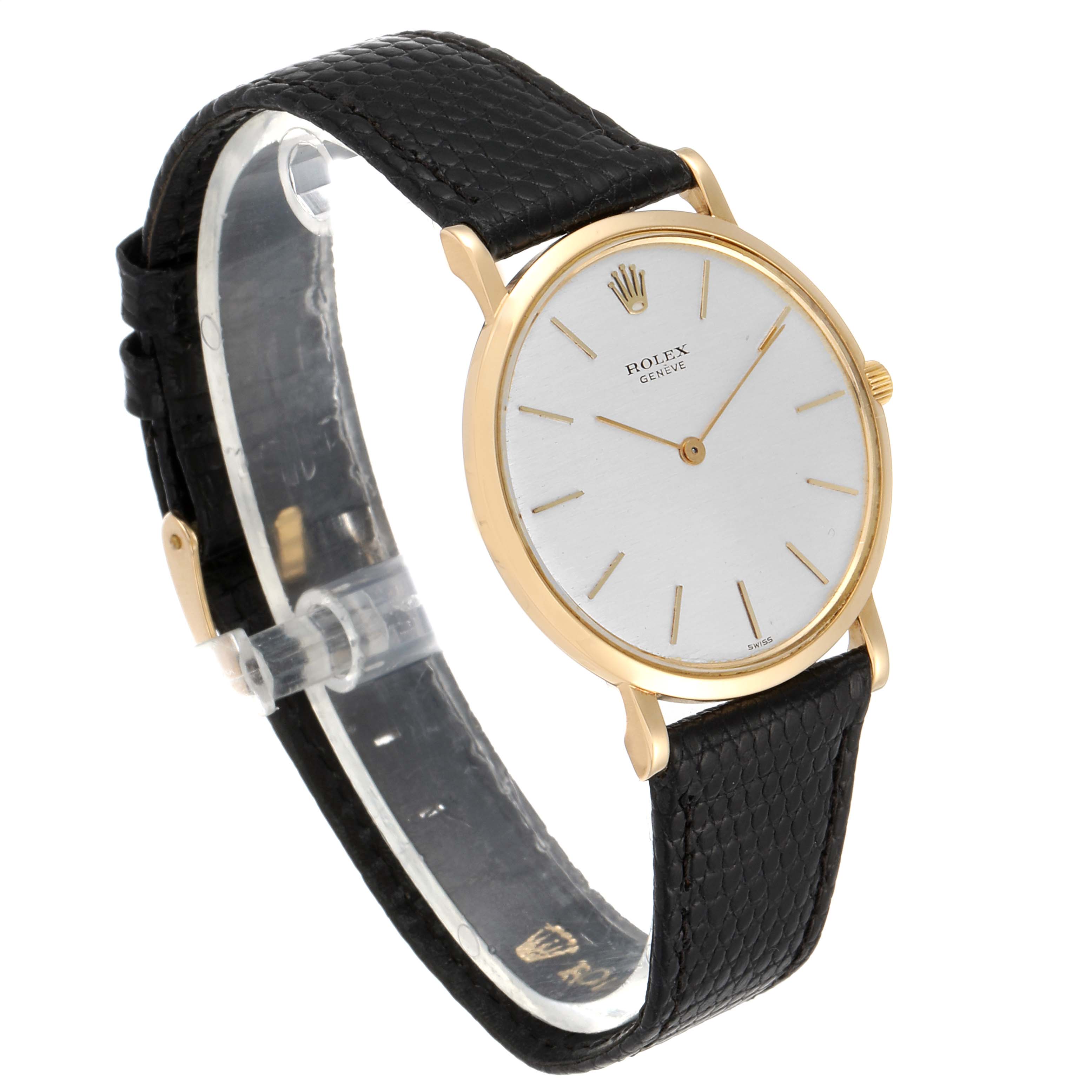 The image shows a Rolex Cellini 9576 Men's Yellow Gold Silver Dial 9576 Men's Yellow Gold Silver Dial watch at a slight angle, highlighting its gold case, white dial, and black leather strap.