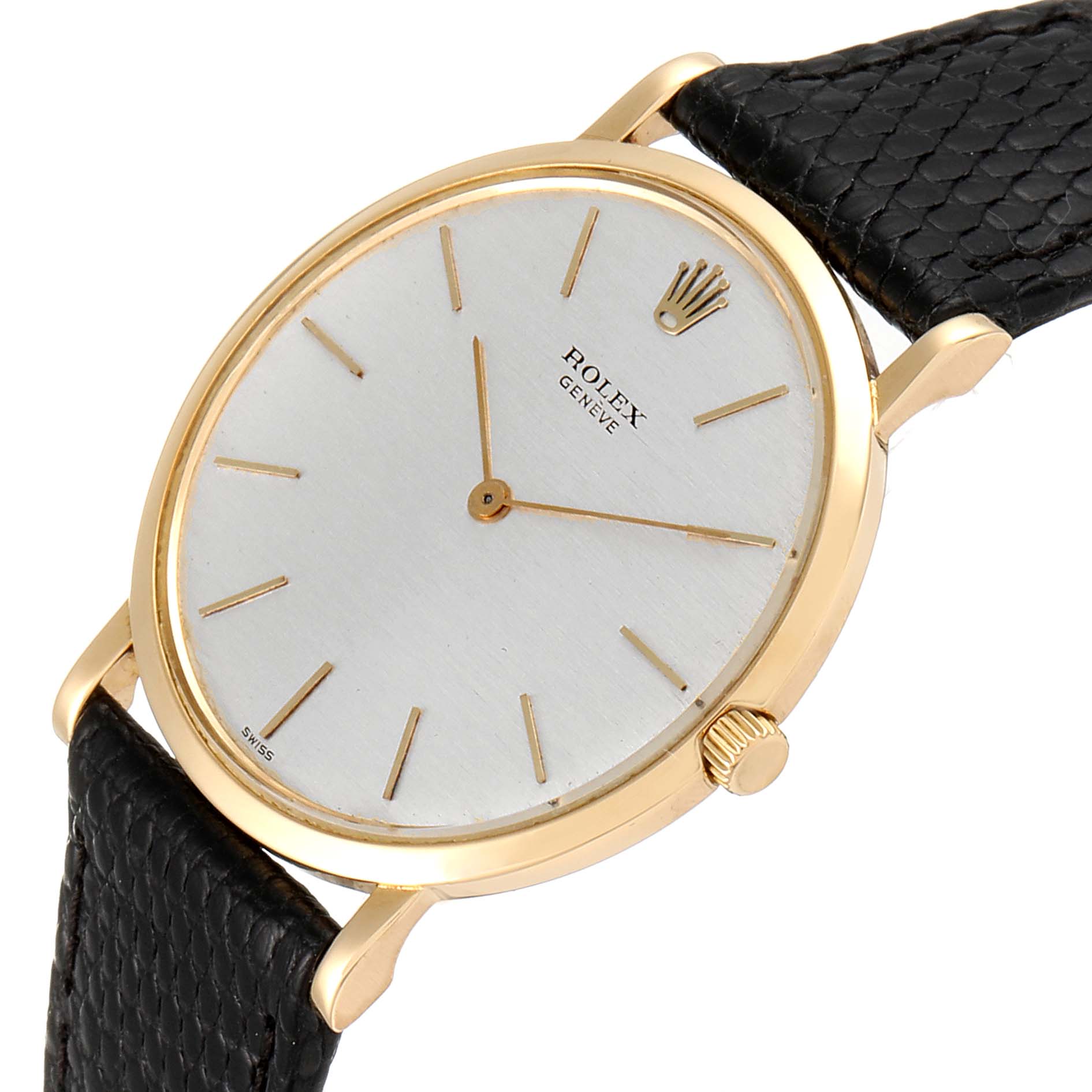 The Rolex Cellini 9576 Men's Yellow Gold Silver Dial 9576 Men's Yellow Gold Silver Dial watch is shown at a slight angle, displaying its face, crown, and part of its leather strap.