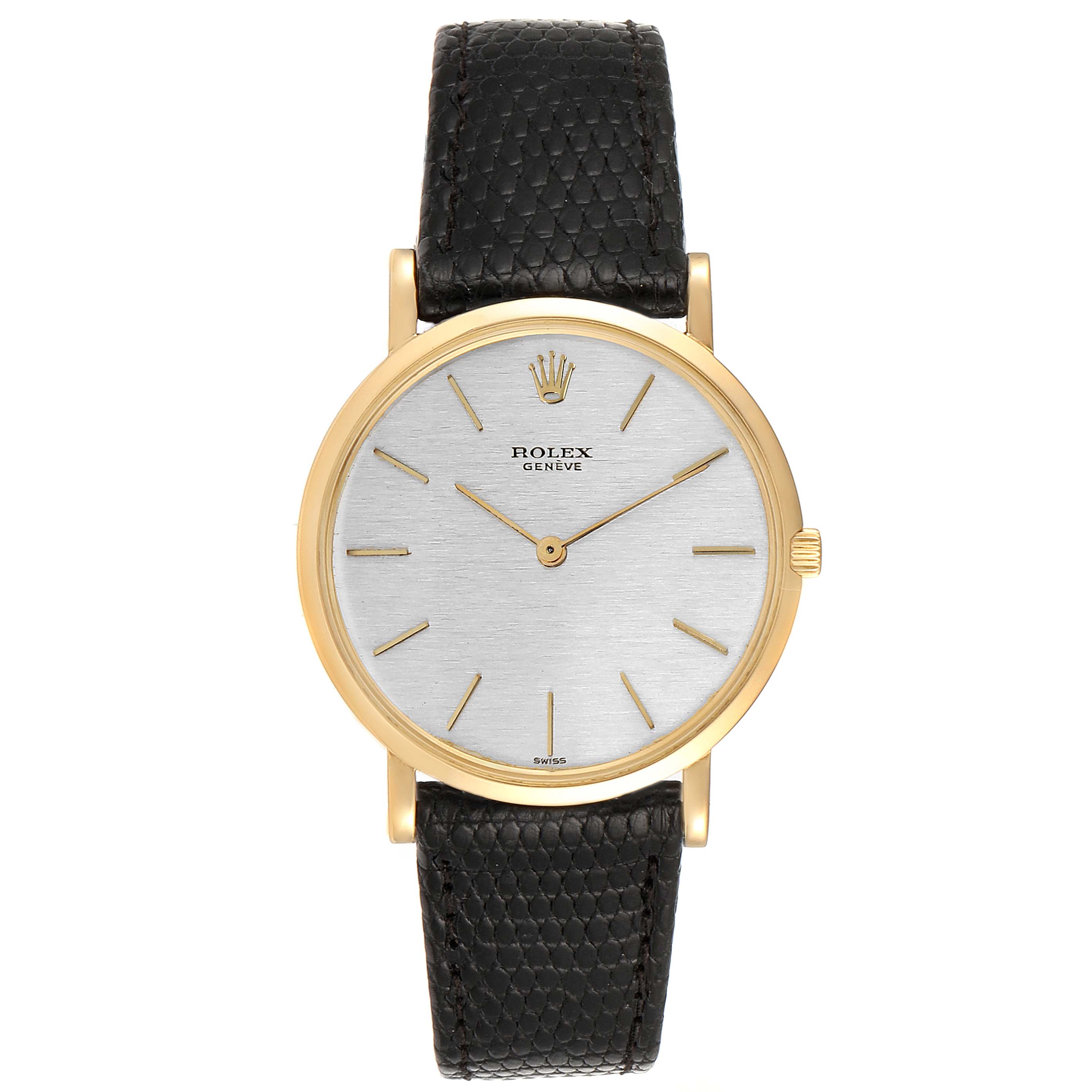 The image shows a front view of a Rolex Cellini 9576 Men's Yellow Gold Silver Dial 9576 Men's Yellow Gold Silver Dial watch with a black leather strap and a gold case.