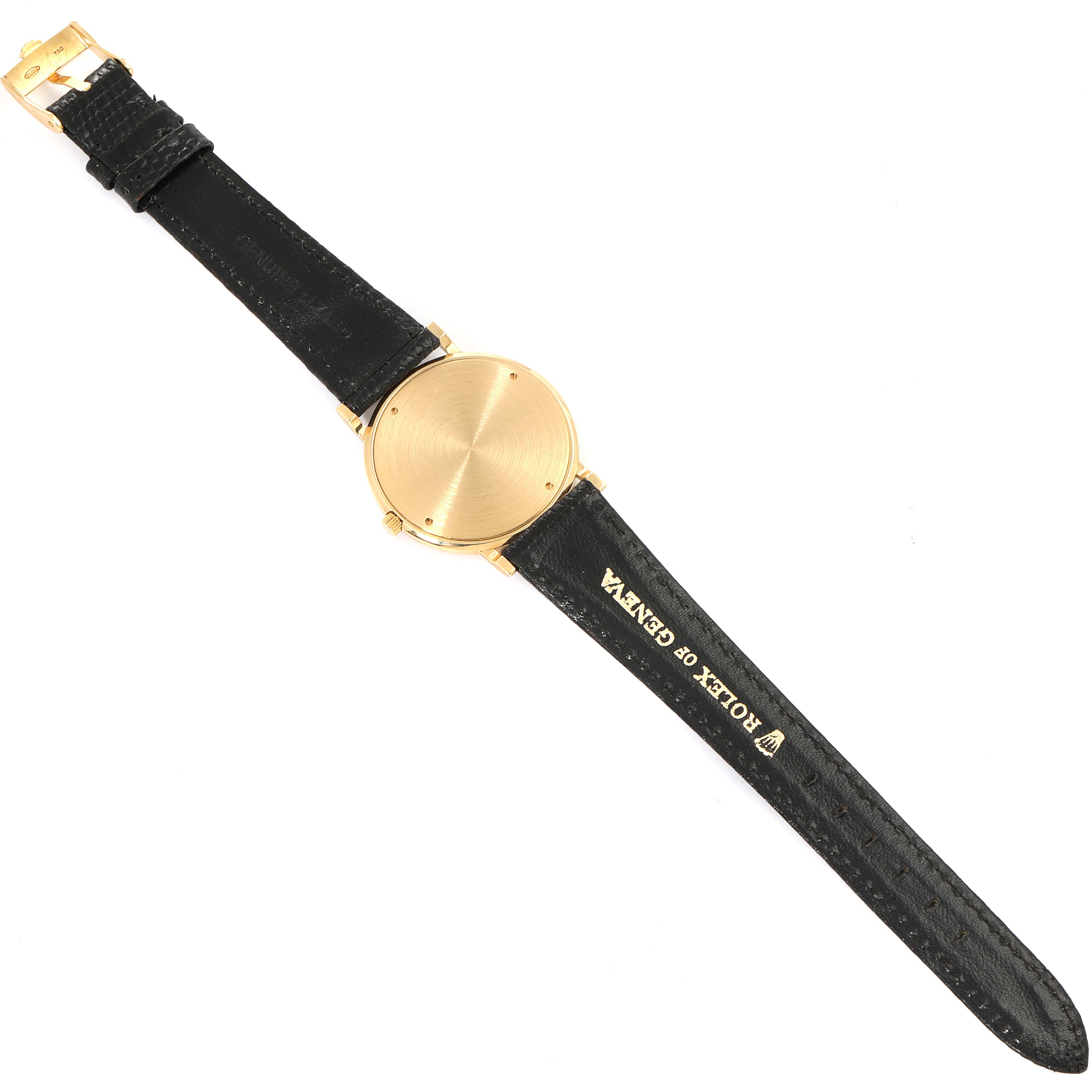 This image shows the back view of a Rolex Cellini 9576 Men's Yellow Gold Silver Dial 9576 Men's Yellow Gold Silver Dial watch with a gold case and black leather strap.