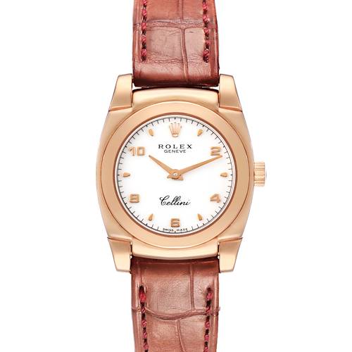 The Rolex Cellini 5310 Women's Rose Gold White Dial watch is shown from a top view, displaying the face, case, crown, and brown leather strap.