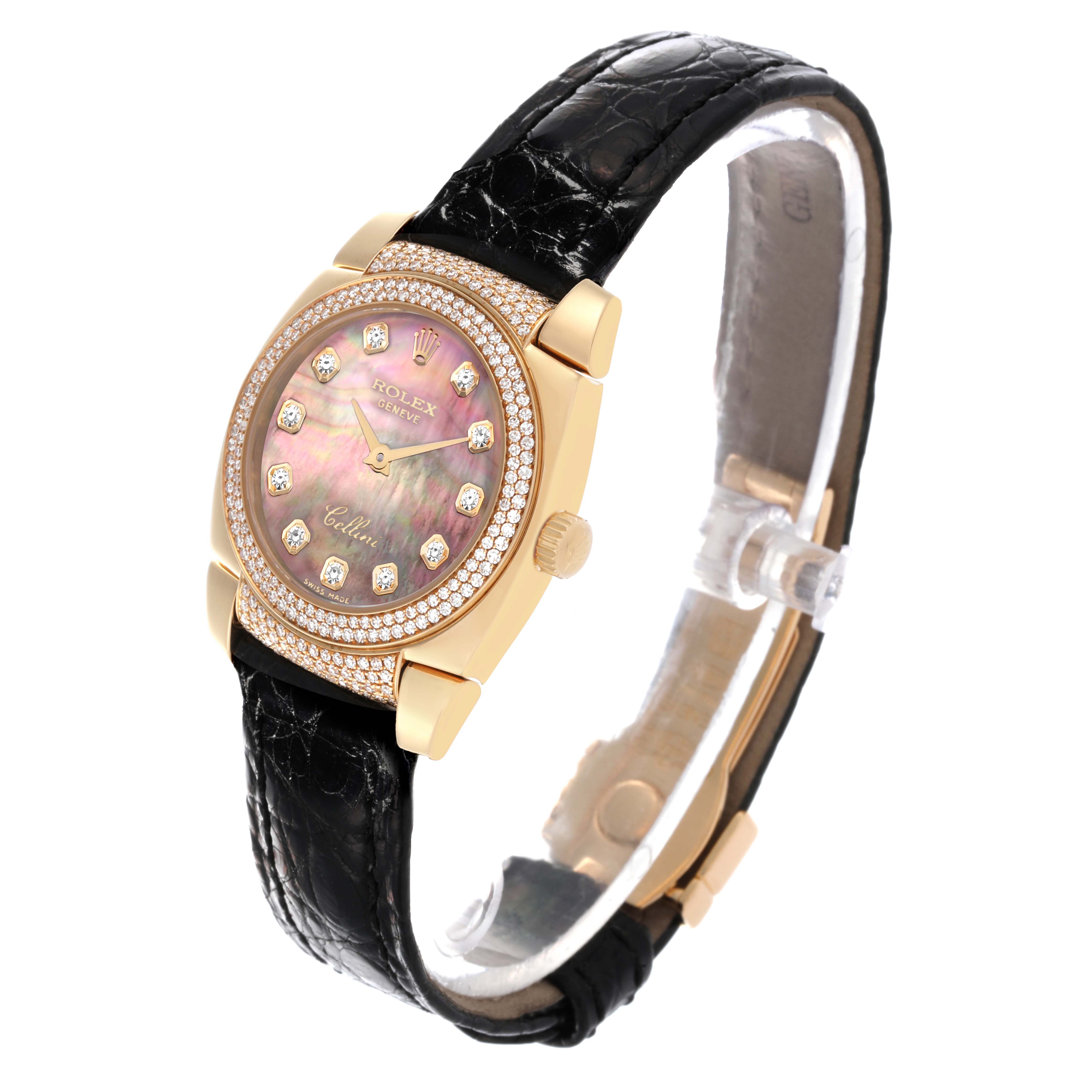 The Rolex Cellini 6311 Women's Yellow Gold Mother of Pearl Dial 6311 Women's Yellow Gold Mother of Pearl Dial watch is shown at an angle highlighting the dial, bezel, crown, and black leather strap.