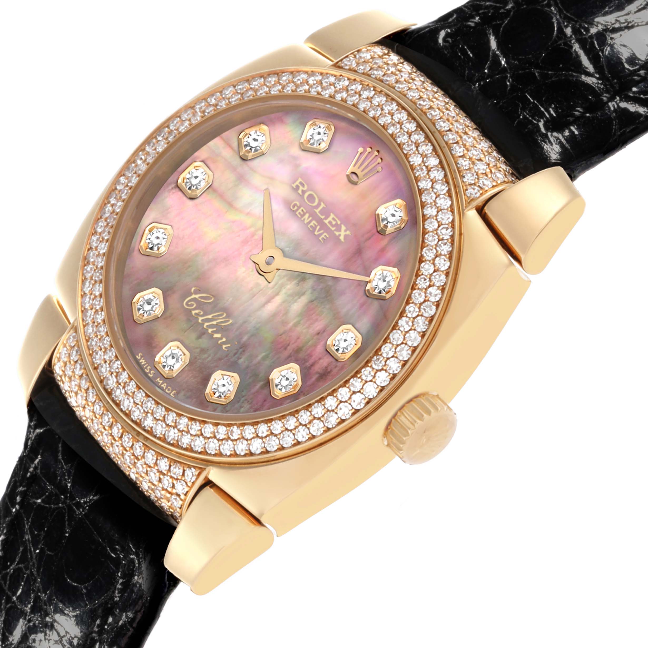 The Rolex Cellini 6311 Women's Yellow Gold Mother of Pearl Dial 6311 Women's Yellow Gold Mother of Pearl Dial watch is shown at an angle highlighting the mother-of-pearl dial, diamond-set bezel, and crown.