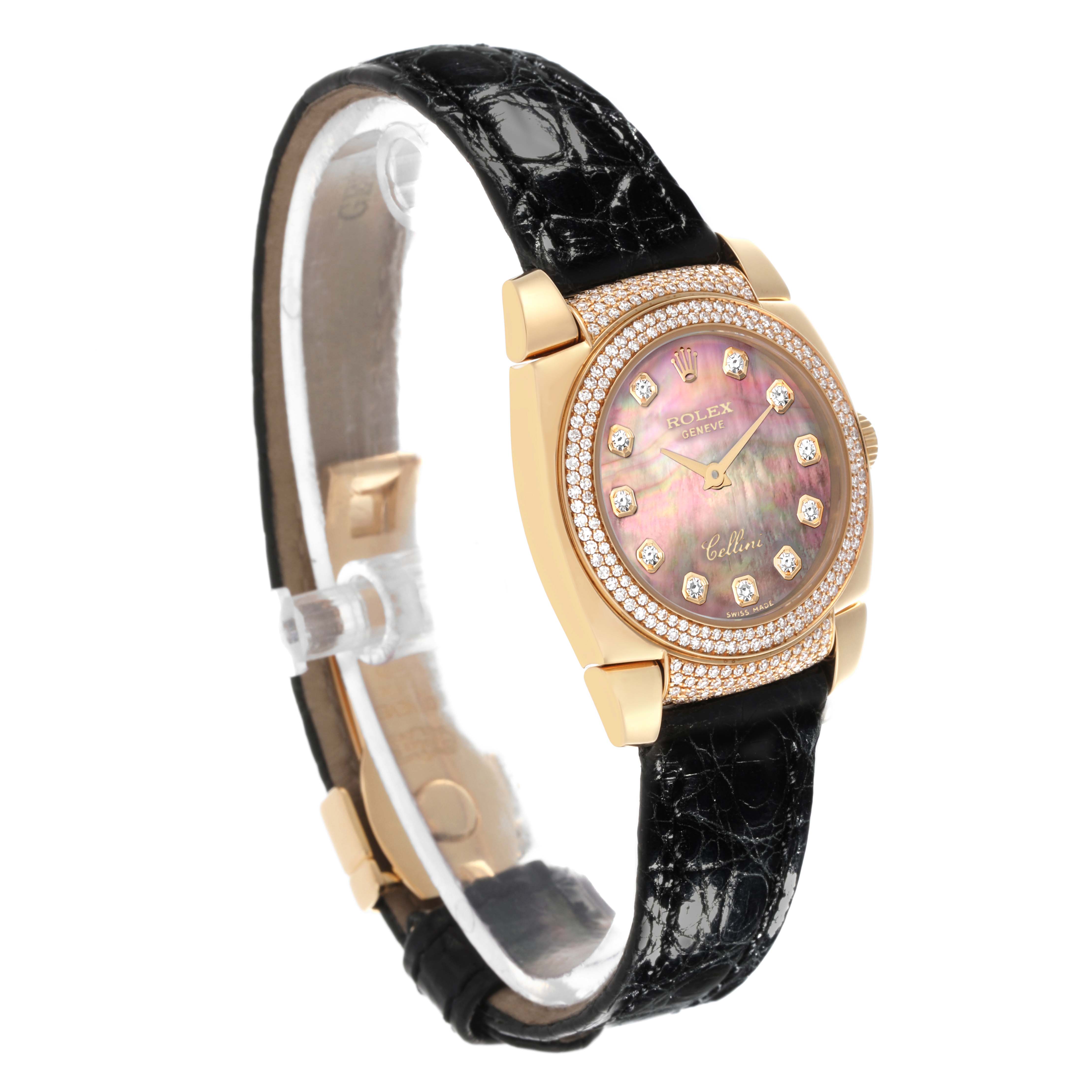 The Rolex Cellini 6311 Women's Yellow Gold Mother of Pearl Dial 6311 Women's Yellow Gold Mother of Pearl Dial watch is shown from a front-left angle, highlighting its diamond-studded bezel and dial with a black leather strap.