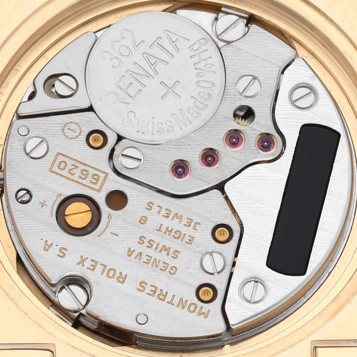The image shows the movement mechanism of a Rolex Cellini 6311 Women's Yellow Gold Mother of Pearl Dial 6311 Women's Yellow Gold Mother of Pearl Dial watch from a top-down angle, highlighting various components.