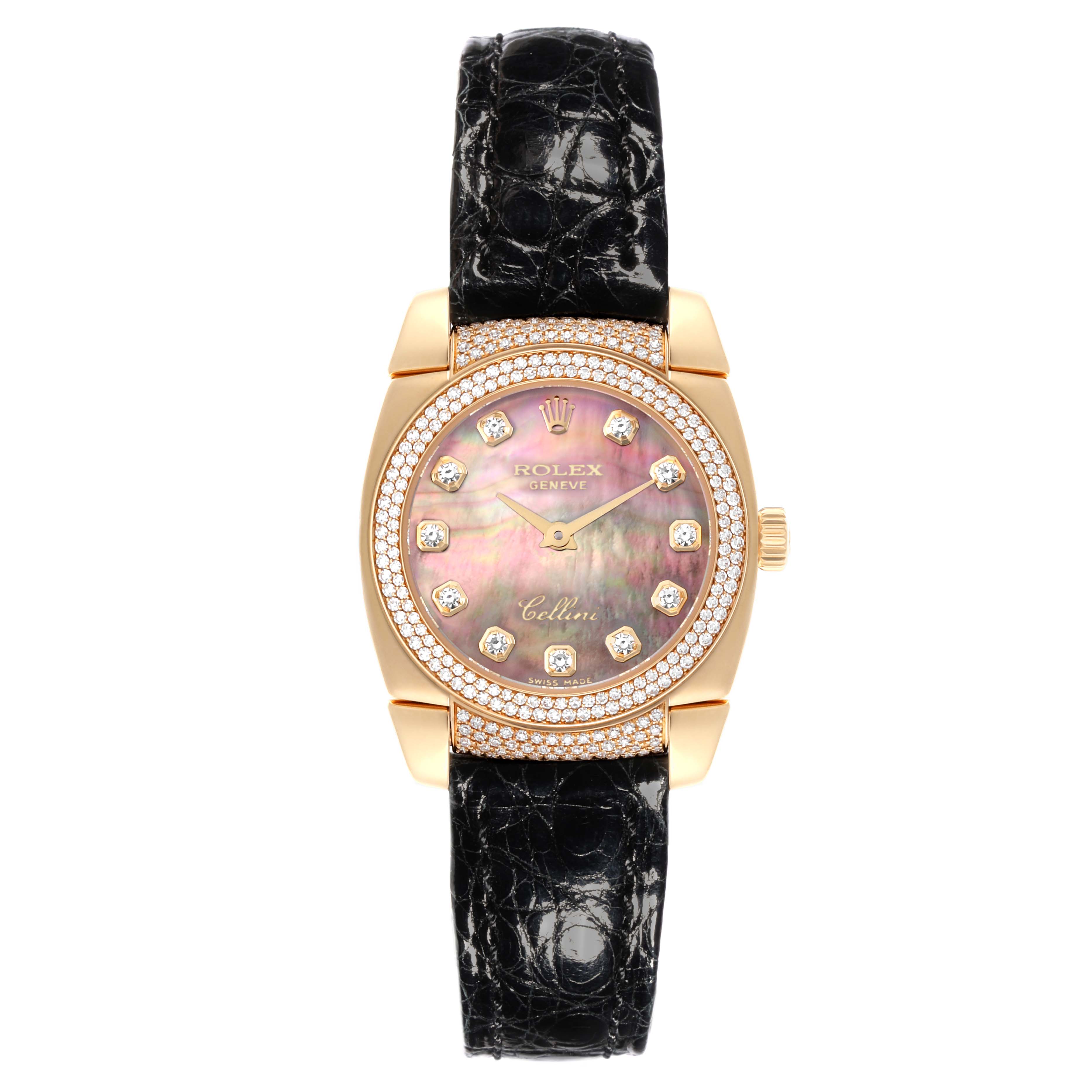 The Rolex Cellini 6311 Women's Yellow Gold Mother of Pearl Dial 6311 Women's Yellow Gold Mother of Pearl Dial watch is shown from a top angle, featuring the strap, bezel, and dial with gem markers.
