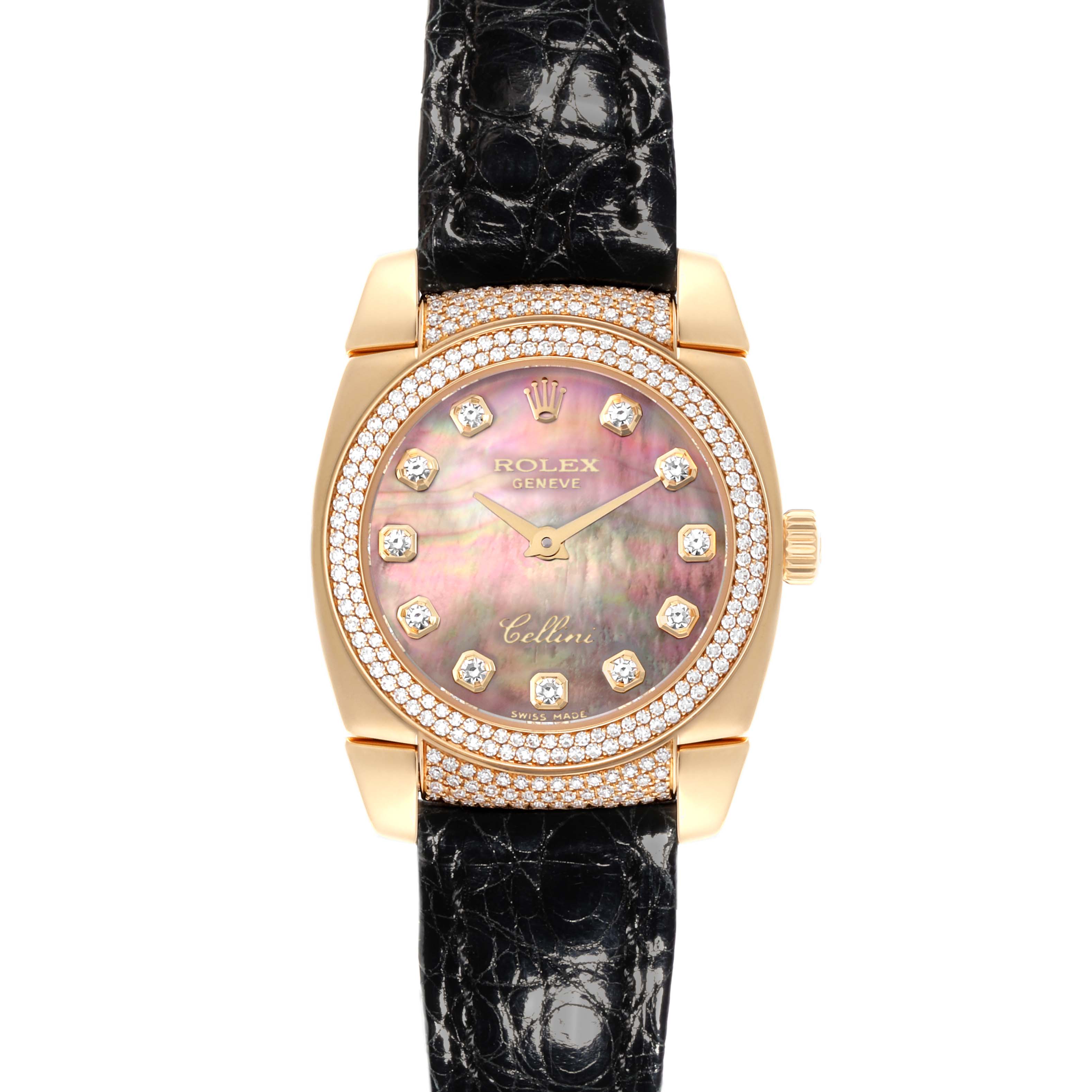 The Rolex Cellini 6311 Women's Yellow Gold Mother of Pearl Dial 6311 Women's Yellow Gold Mother of Pearl Dial watch is shown from the front, featuring a mother-of-pearl dial, diamond hour markers, and a leather strap.