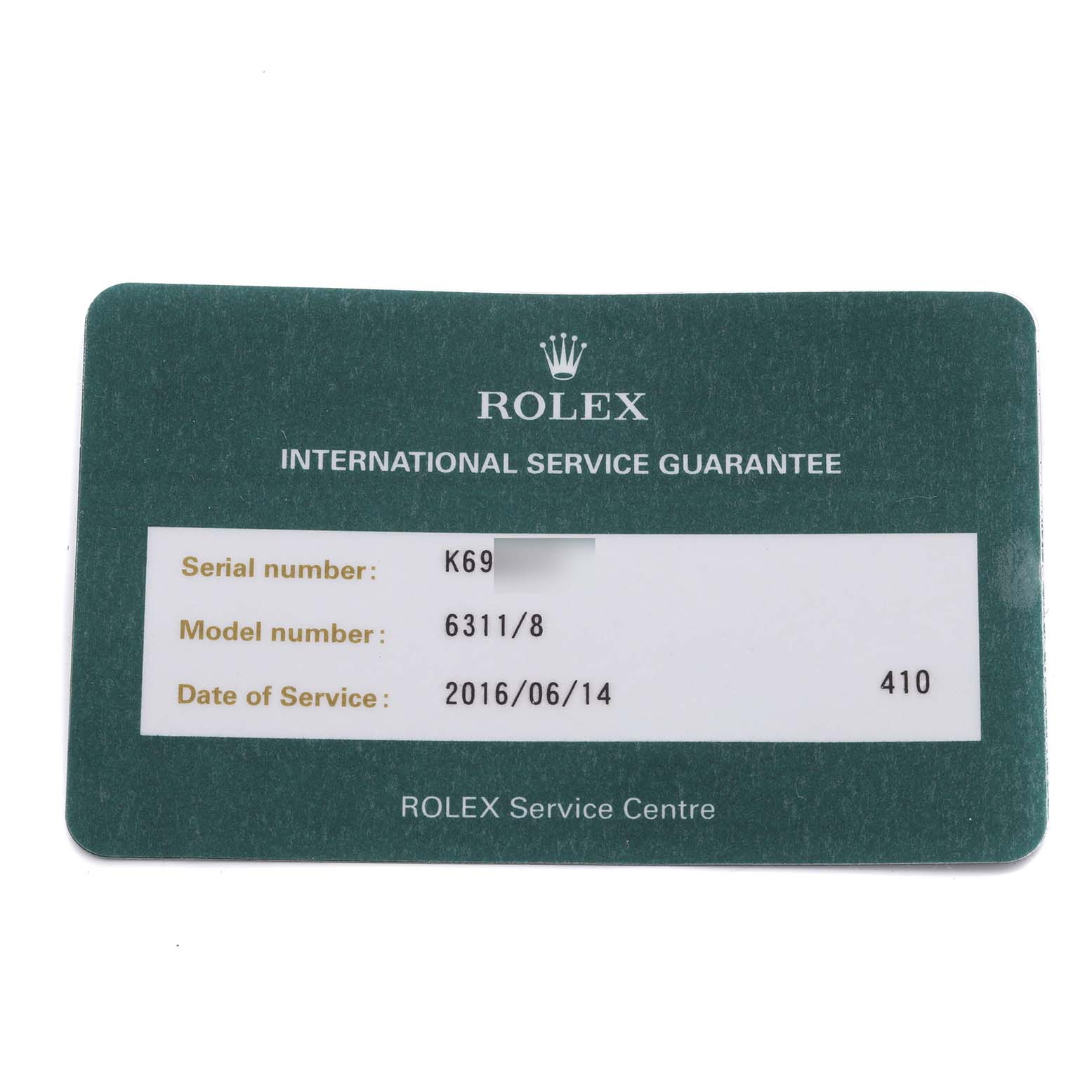 The image shows a Rolex Cellini 6311 Women's Yellow Gold Mother of Pearl Dial 6311 Women's Yellow Gold Mother of Pearl Dial model service guarantee card displaying serial, model numbers, and service date.