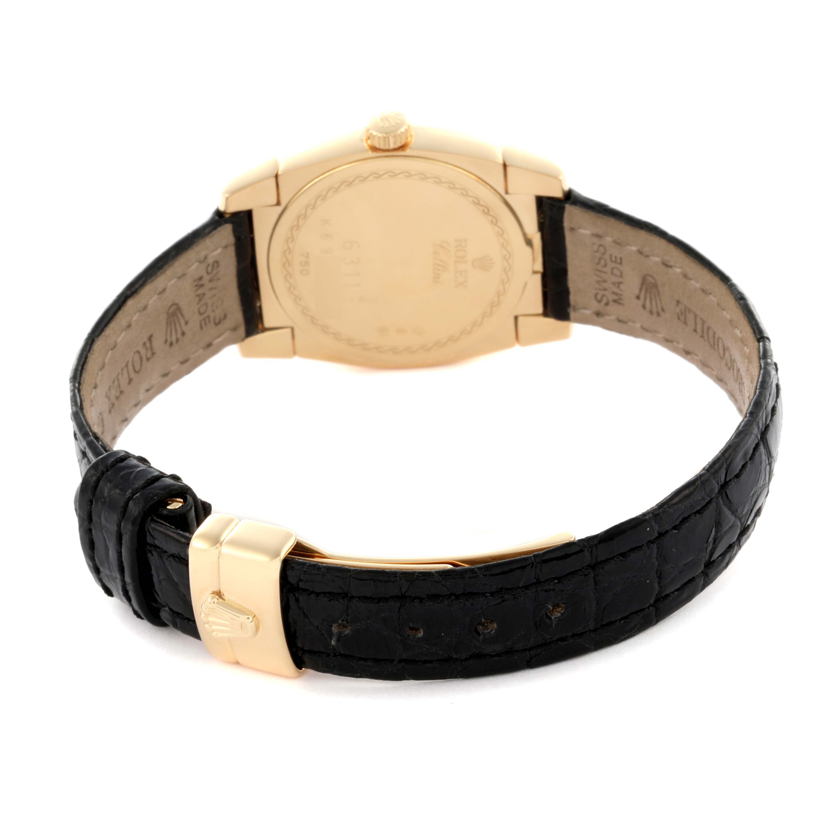 The image shows the back and side of a Rolex Cellini 6311 Women's Yellow Gold Mother of Pearl Dial 6311 Women's Yellow Gold Mother of Pearl Dial watch, highlighting the case back and leather strap with its buckle.