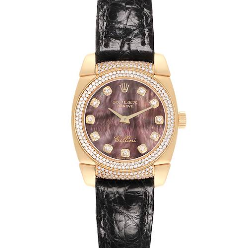 The Rolex Cellini 6311 Women's Yellow Gold Mother of Pearl Dial watch is shown from a front angle, displaying its dial, case, bezel, and strap.