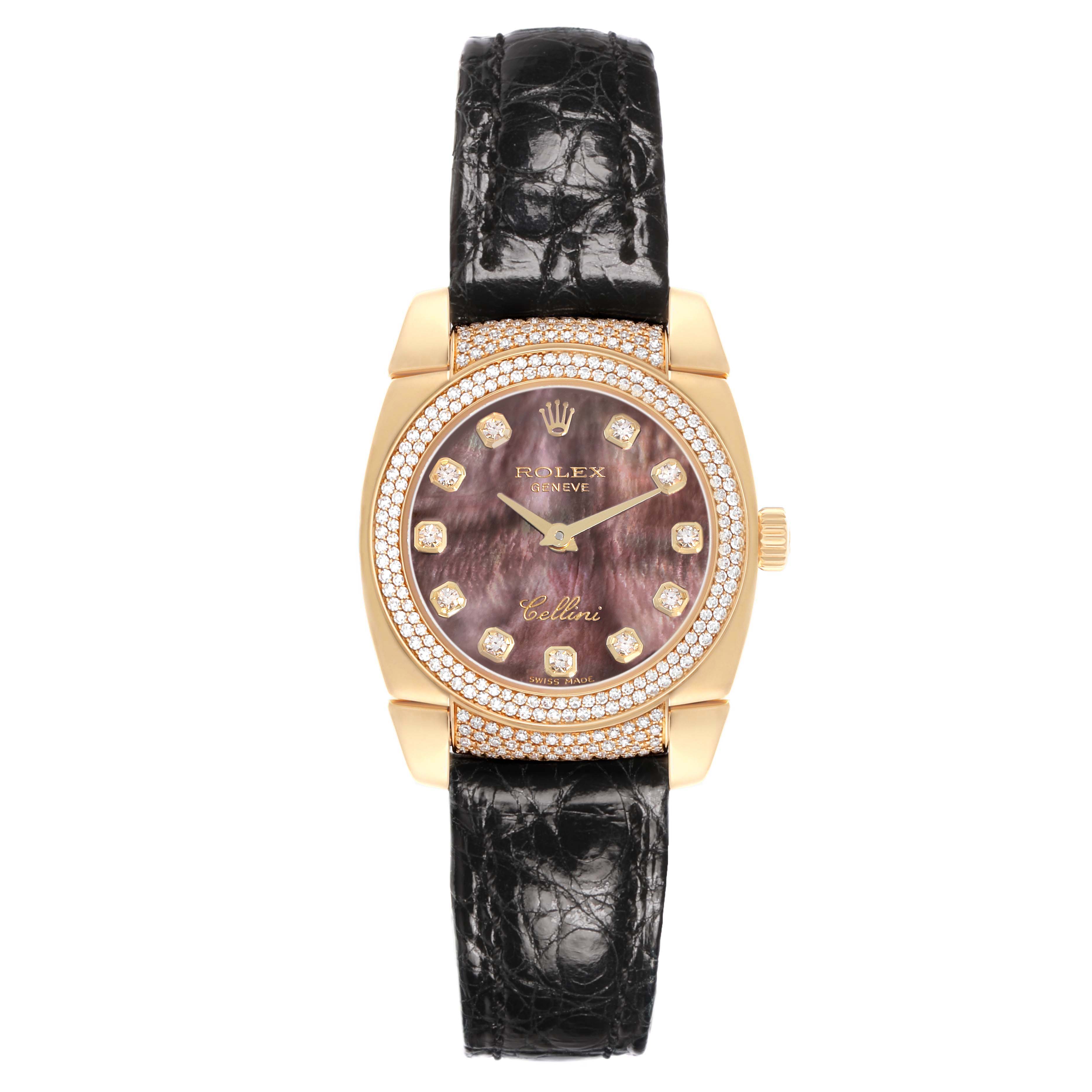 The Rolex Cellini 6311 Women's Yellow Gold Mother of Pearl Dial watch is shown from a top-down angle, featuring its face, bezel, and leather strap.