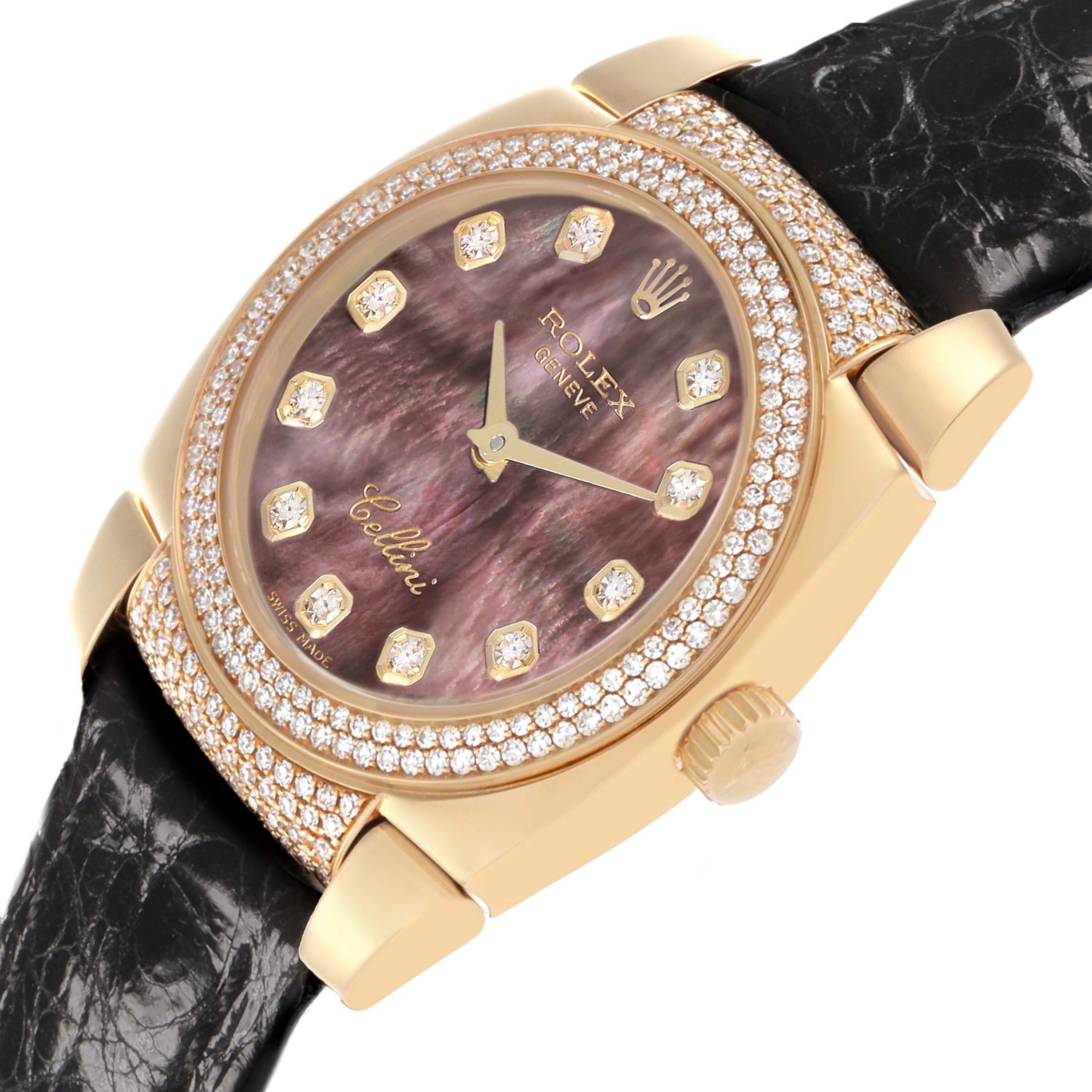 The Rolex Cellini 6311 Women's Yellow Gold Mother of Pearl Dial watch is shown at an angled view, highlighting the dial, bezel, crown, and part of the black strap.