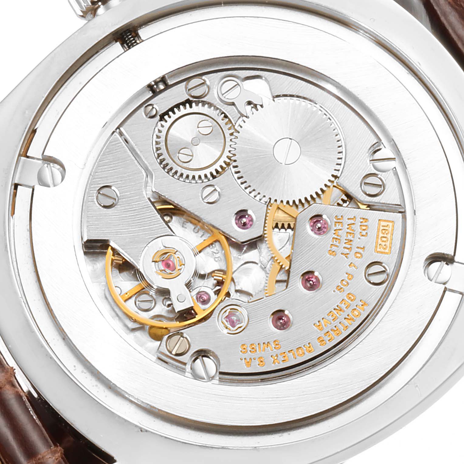This image shows a close-up of the movement mechanism of a Rolex Cellini 4233 Men's White Gold Black Dial 4233 Men's White Gold Black Dial watch.