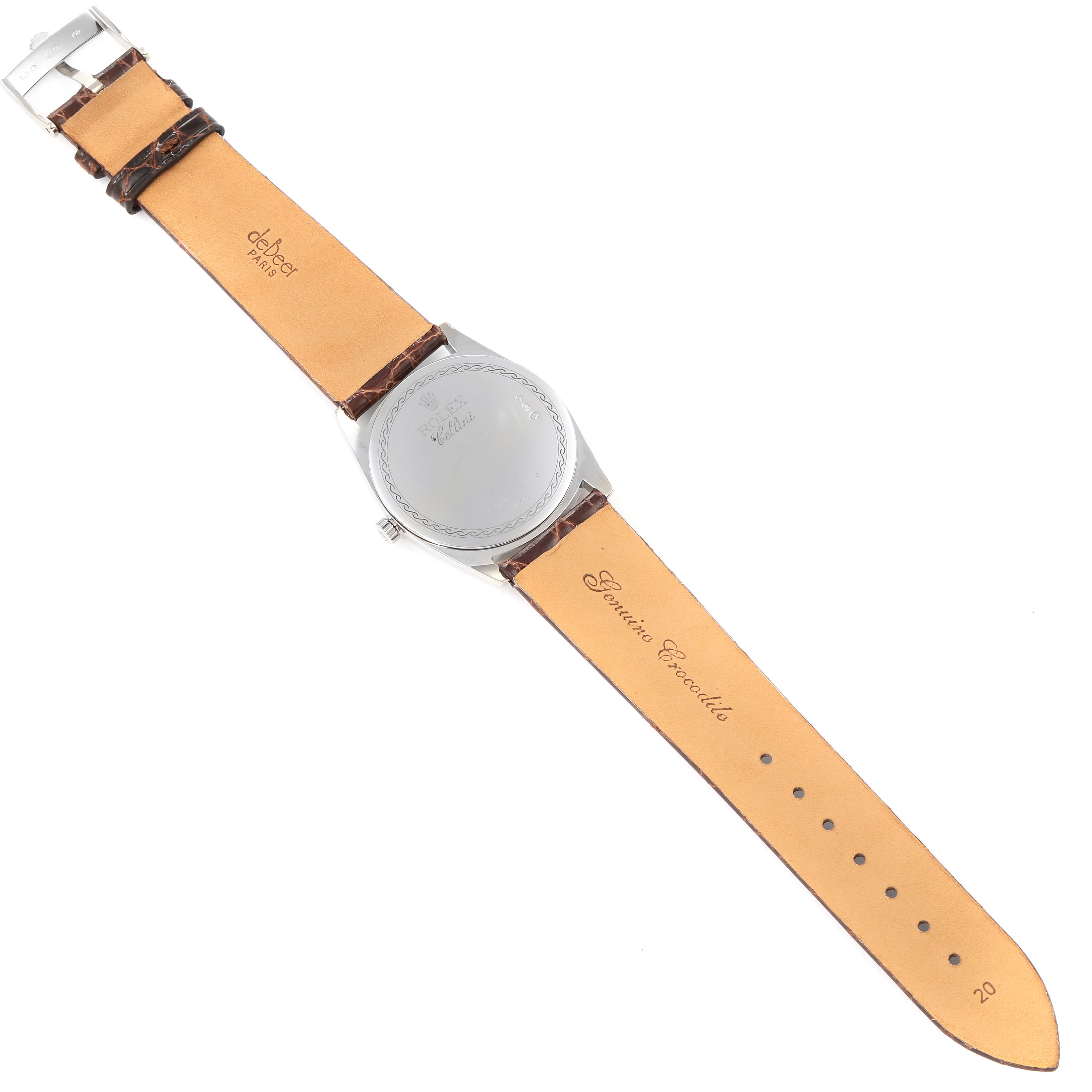 This image shows the back of a Rolex Cellini 4233 Men's White Gold Black Dial 4233 Men's White Gold Black Dial watch with its leather strap fully extended.