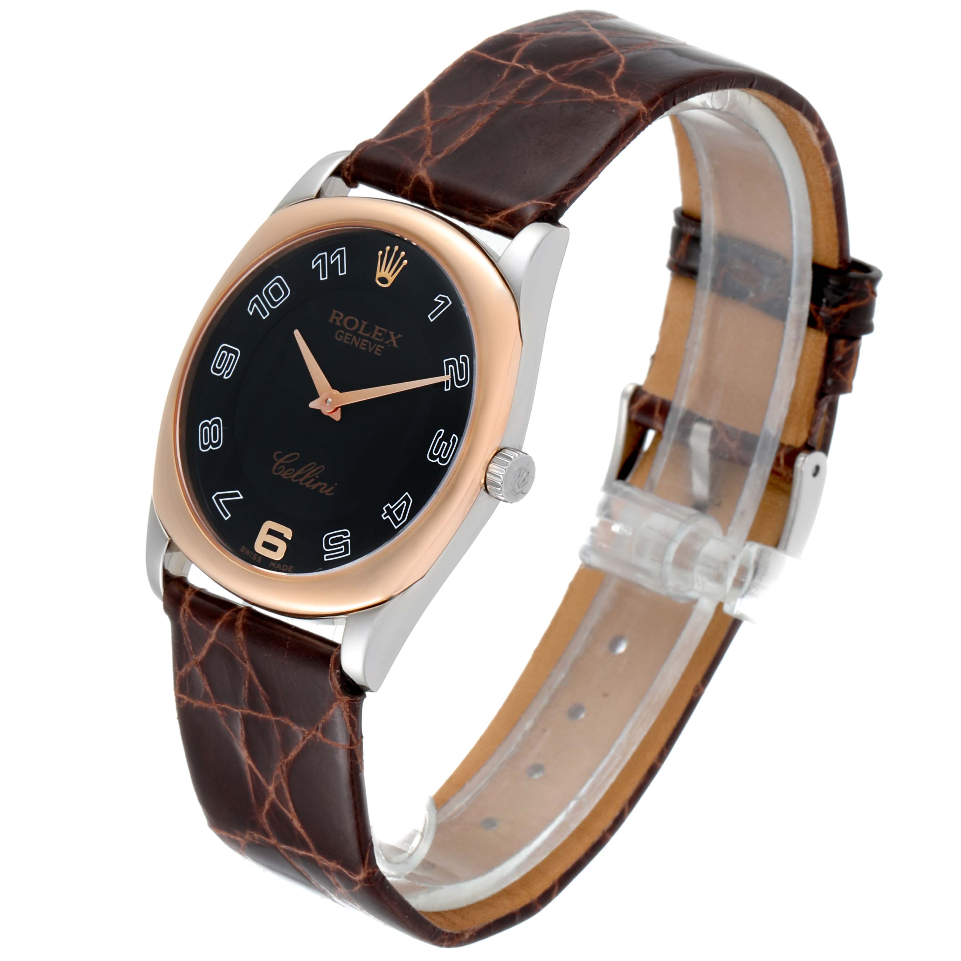 This Rolex Cellini 4233 Men's White Gold Black Dial 4233 Men's White Gold Black Dial watch is shown at a front angle, displaying its black dial, gold casing, and brown leather strap.