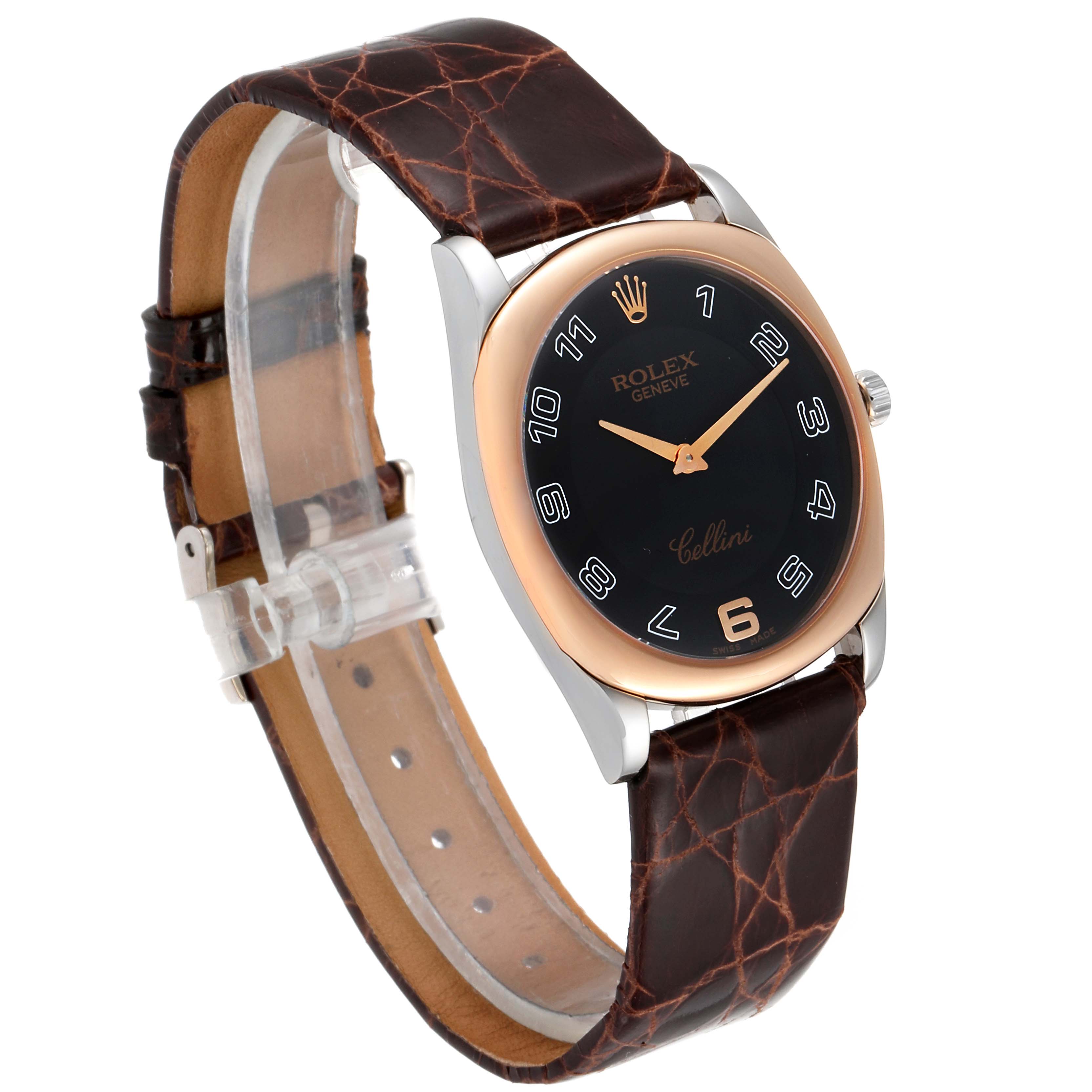 The Rolex Cellini 4233 Men's White Gold Black Dial 4233 Men's White Gold Black Dial watch is shown from a three-quarter angle, featuring a black dial, rose gold bezel, and brown leather strap.