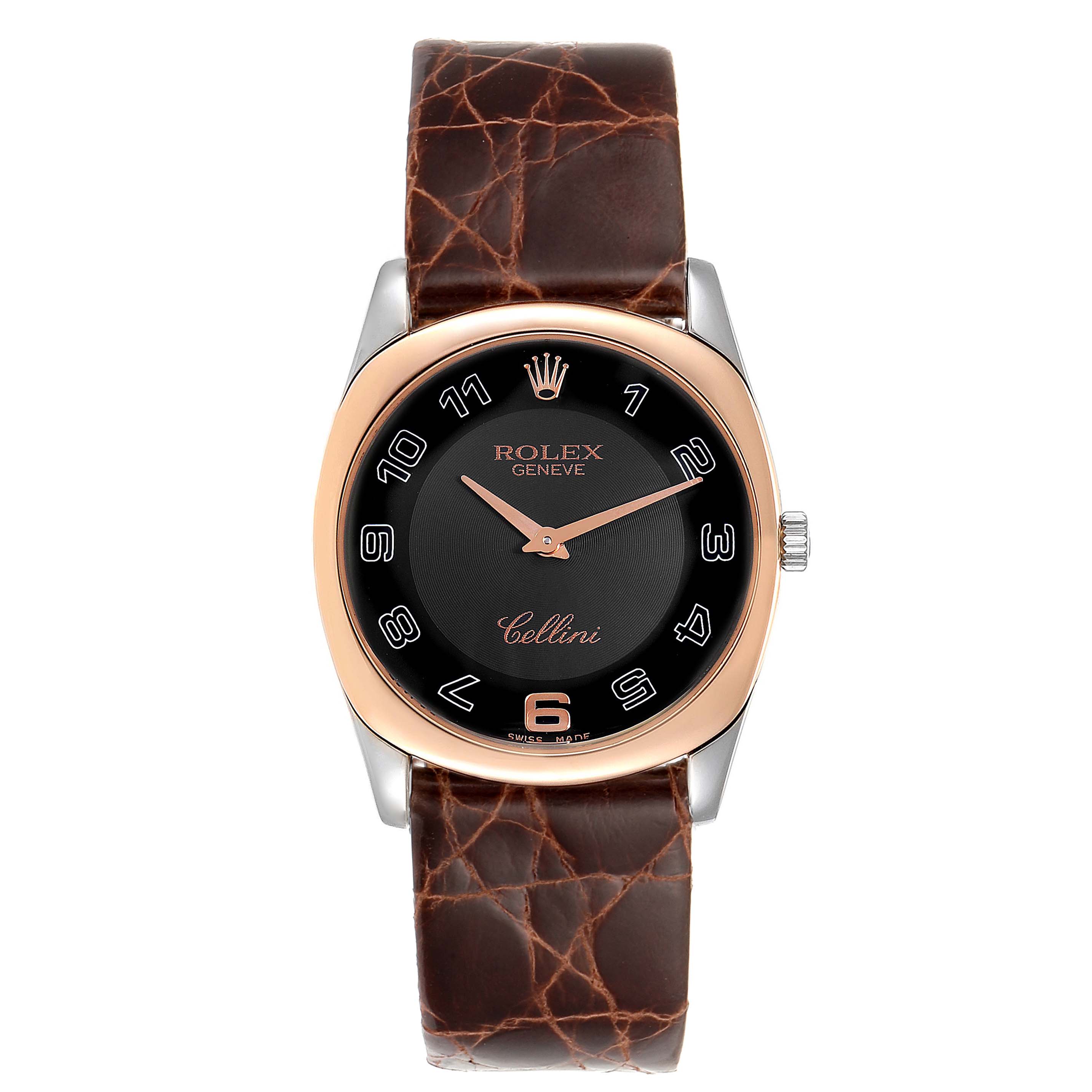 The Rolex Cellini 4233 Men's White Gold Black Dial 4233 Men's White Gold Black Dial watch is shown from a straight-on angle, displaying the face, hands, bezel, crown, and strap.