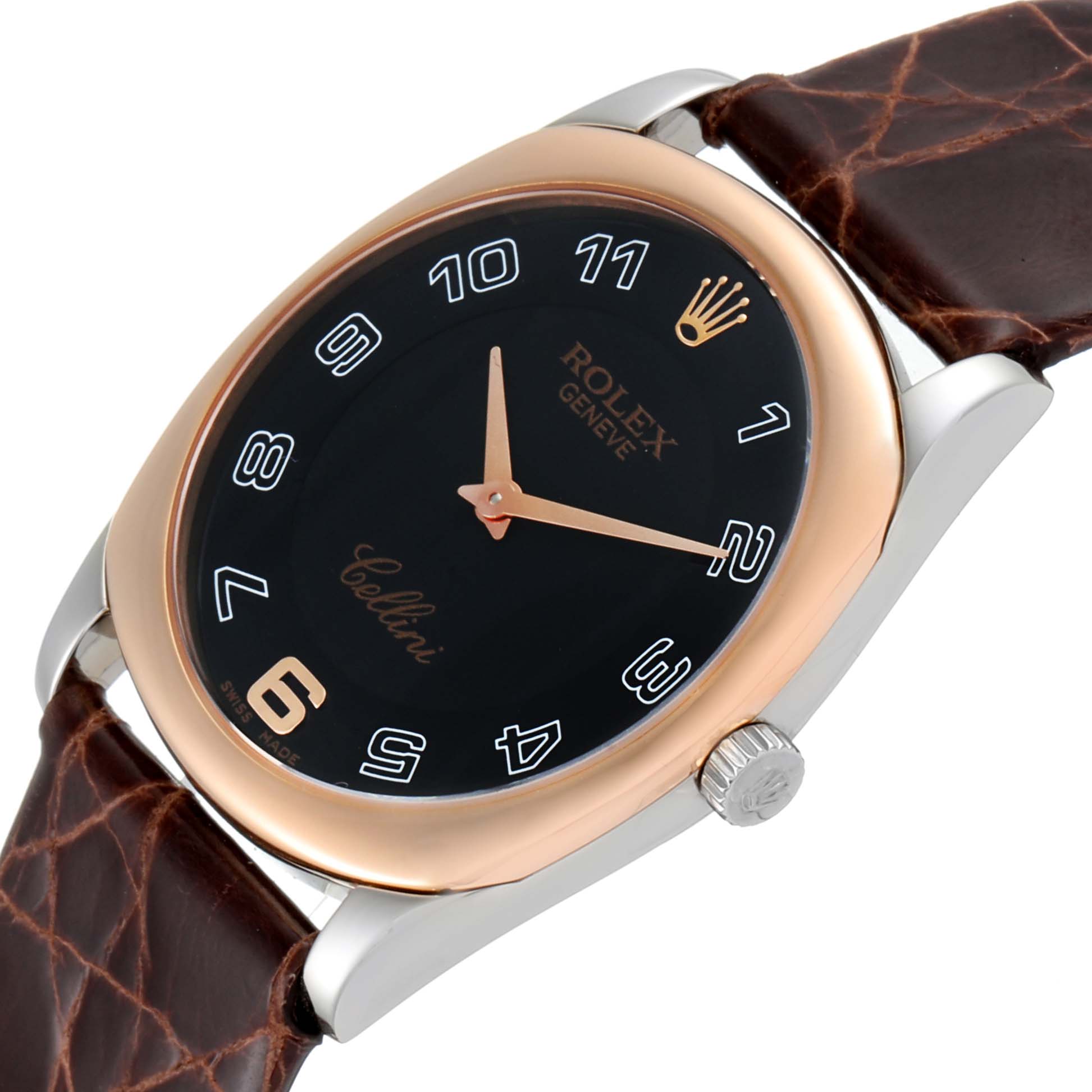 The image shows a Rolex Cellini 4233 Men's White Gold Black Dial 4233 Men's White Gold Black Dial watch from an angled top view, highlighting the dial, bezel, crown, and leather strap.