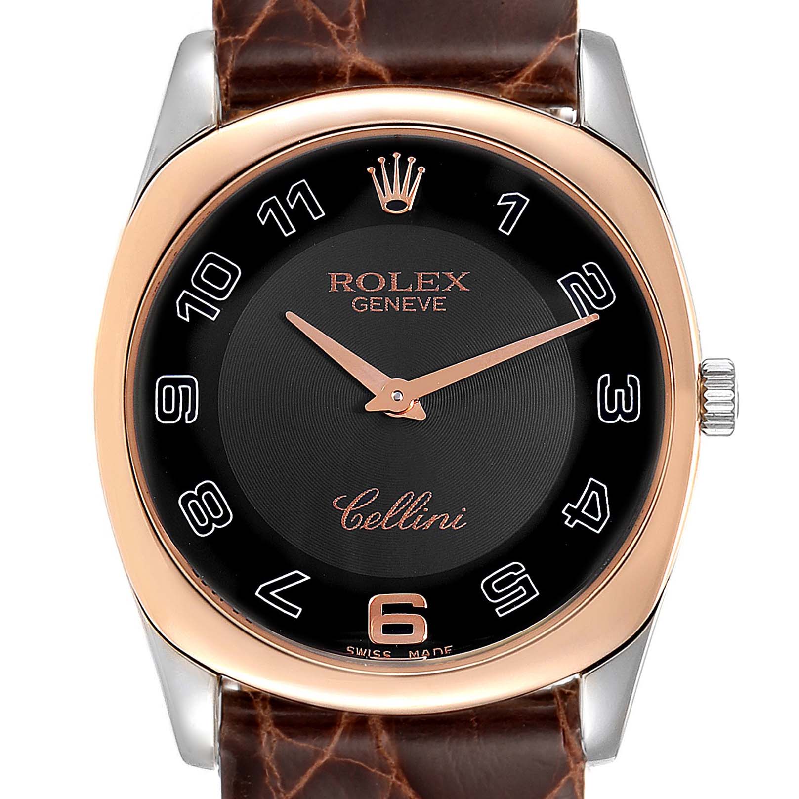The image shows a front view of the Rolex Cellini 4233 Men's White Gold Black Dial 4233 Men's White Gold Black Dial watch, highlighting its face, crown, and leather strap.