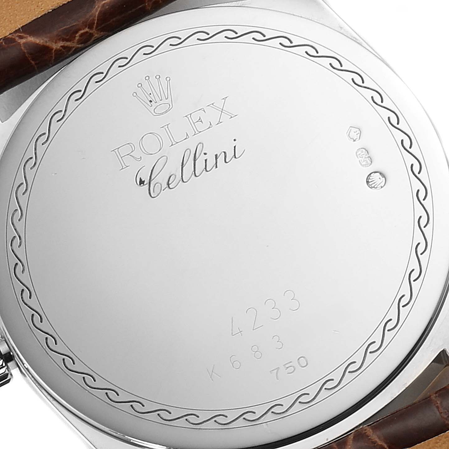 This image shows the engraved case back of a Rolex Cellini 4233 Men's White Gold Black Dial 4233 Men's White Gold Black Dial watch, highlighting the brand and model name.