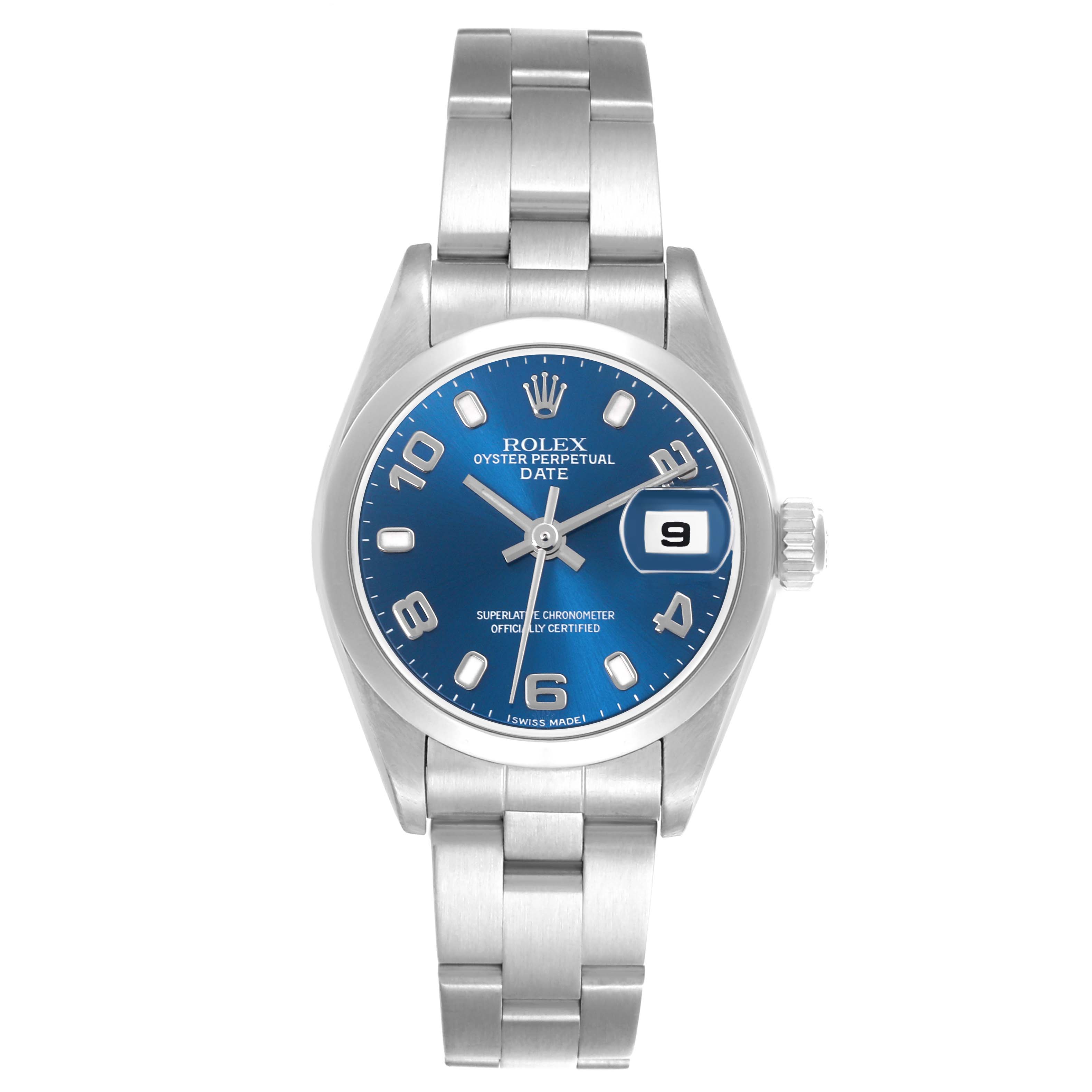 The Rolex Date 79160 Women
s Stainless Steel Blue Dial 79160 Women
s Stainless Steel Blue Dial model watch is shown from a front angle, displaying its blue dial, bracelet, and date window.