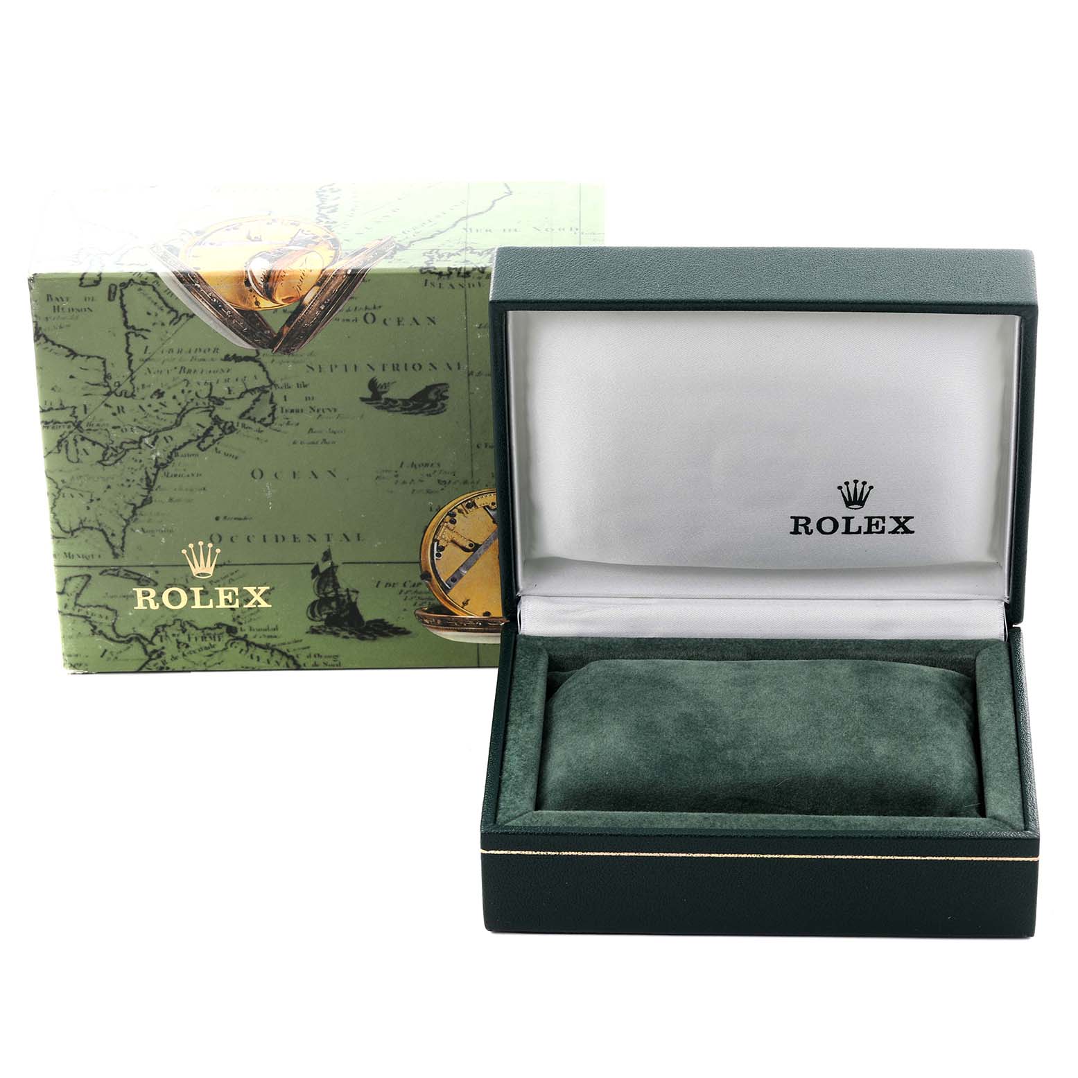 The image shows an empty Rolex Date 79160 Women
s Stainless Steel Blue Dial 79160 Women
s Stainless Steel Blue Dial watch box with its outer sleeve and cushion at a straight-on angle.