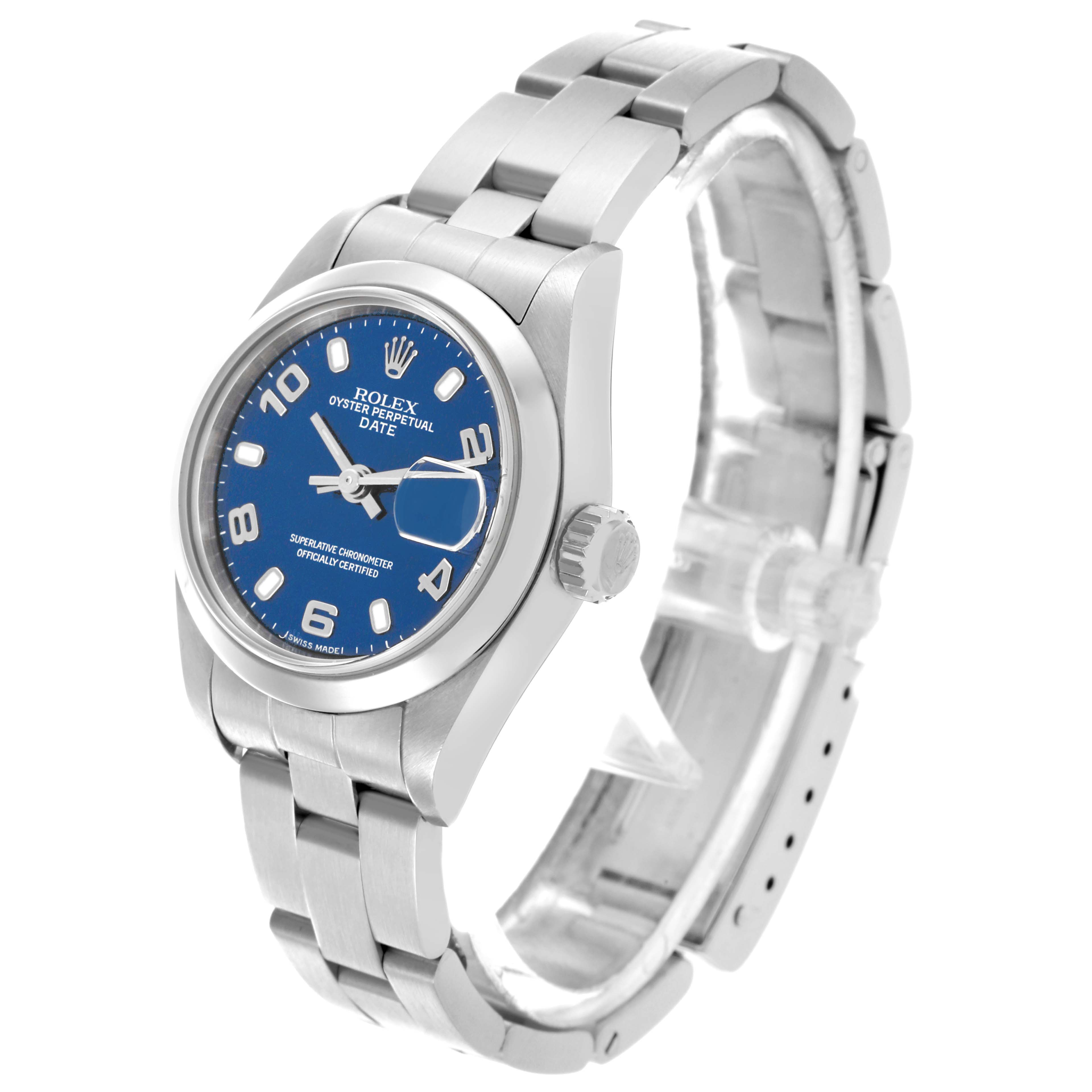 The Rolex Date 79160 Women
s Stainless Steel Blue Dial 79160 Women
s Stainless Steel Blue Dial model watch is shown at a three-quarter angle, displaying the face, bracelet, and crown.