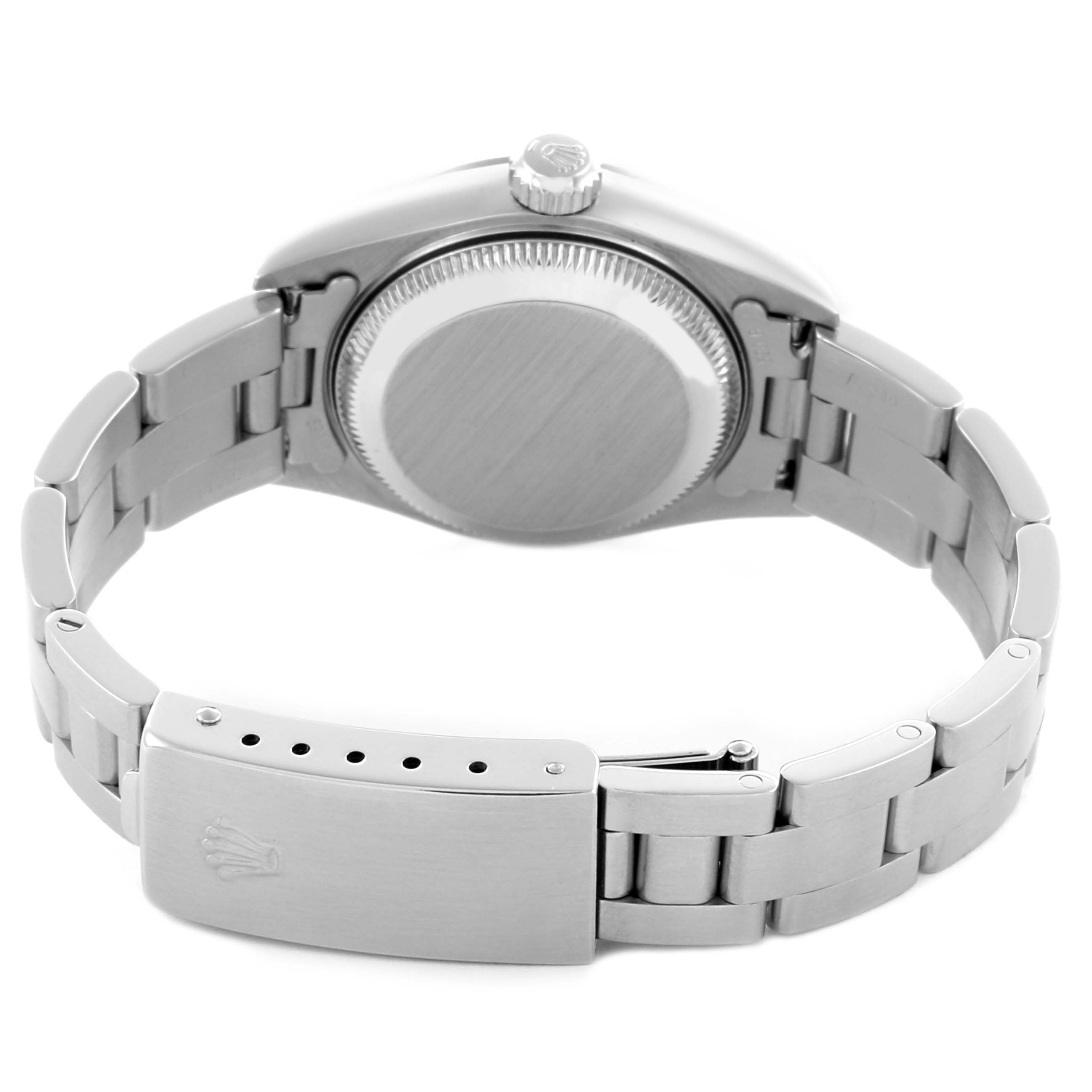 The image shows the back view of a Rolex Date 79160 Women
s Stainless Steel Blue Dial 79160 Women
s Stainless Steel Blue Dial watch, featuring the case back, bracelet, and clasp with the Rolex logo.