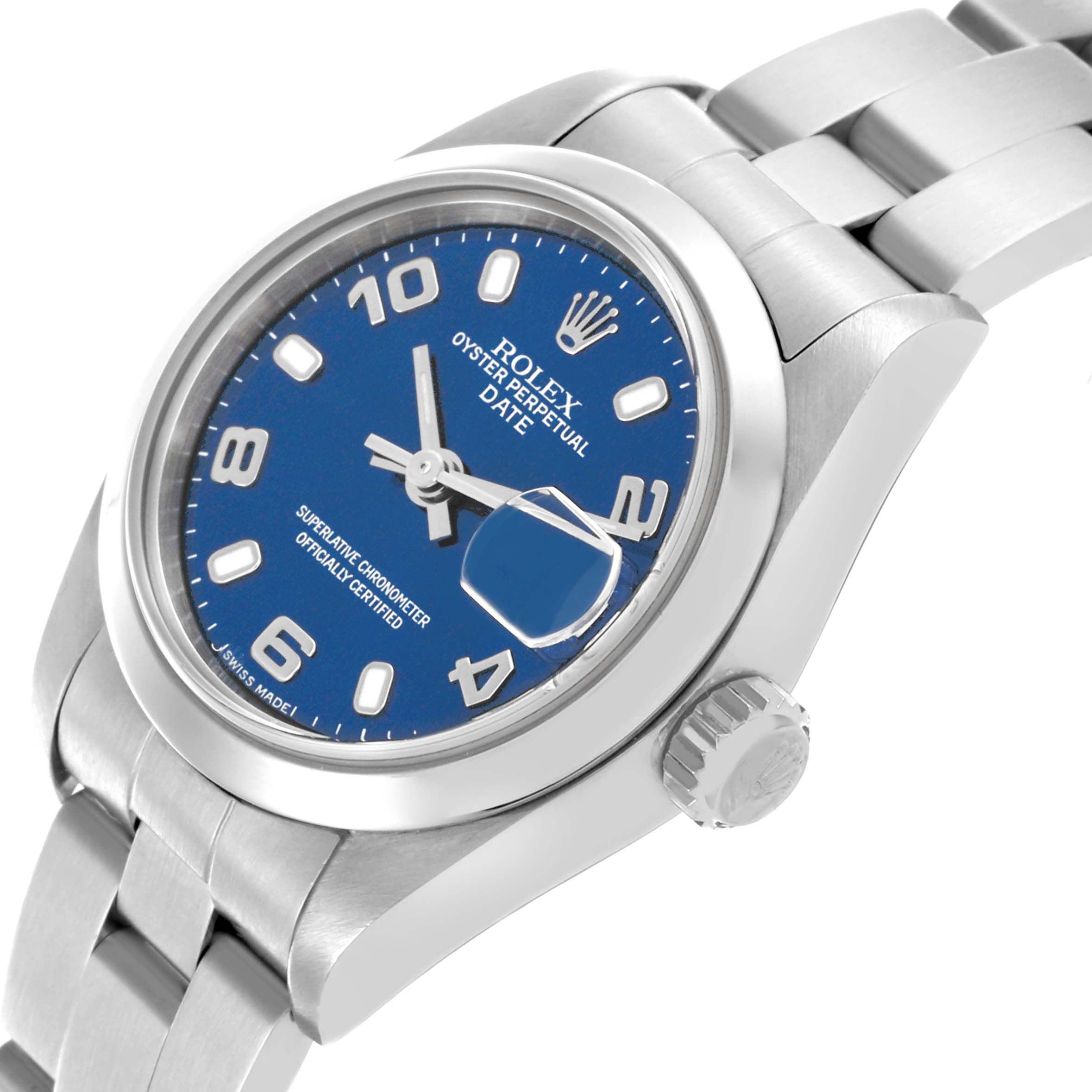 The Rolex Date 79160 Women
s Stainless Steel Blue Dial 79160 Women
s Stainless Steel Blue Dial model is shown at an angled side view, displaying the dial, bezel, crown, and a portion of the bracelet.