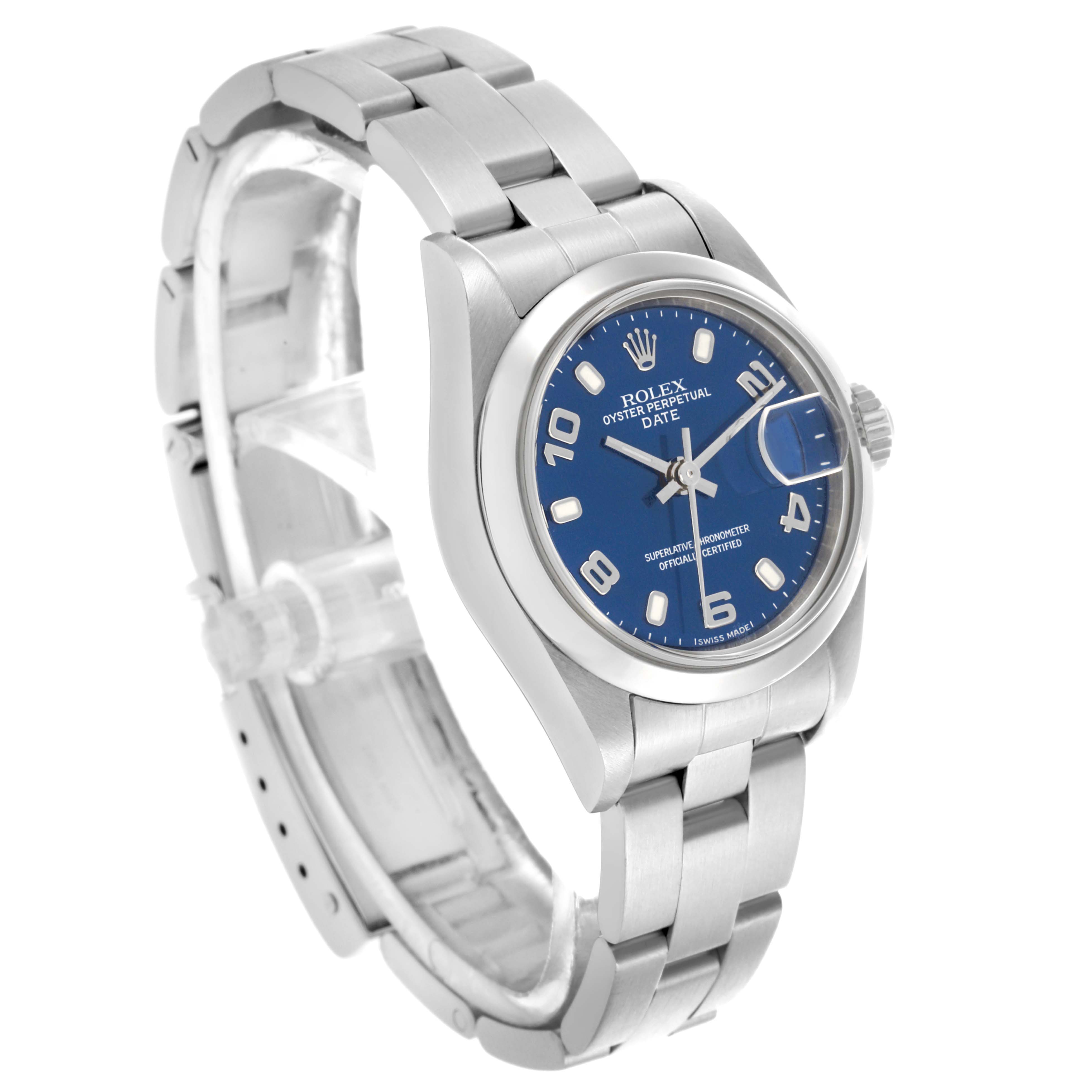 The Rolex Date 79160 Women
s Stainless Steel Blue Dial 79160 Women
s Stainless Steel Blue Dial watch is shown from a side angle, displaying the bracelet, case, blue dial, and cyclops lens over the date.