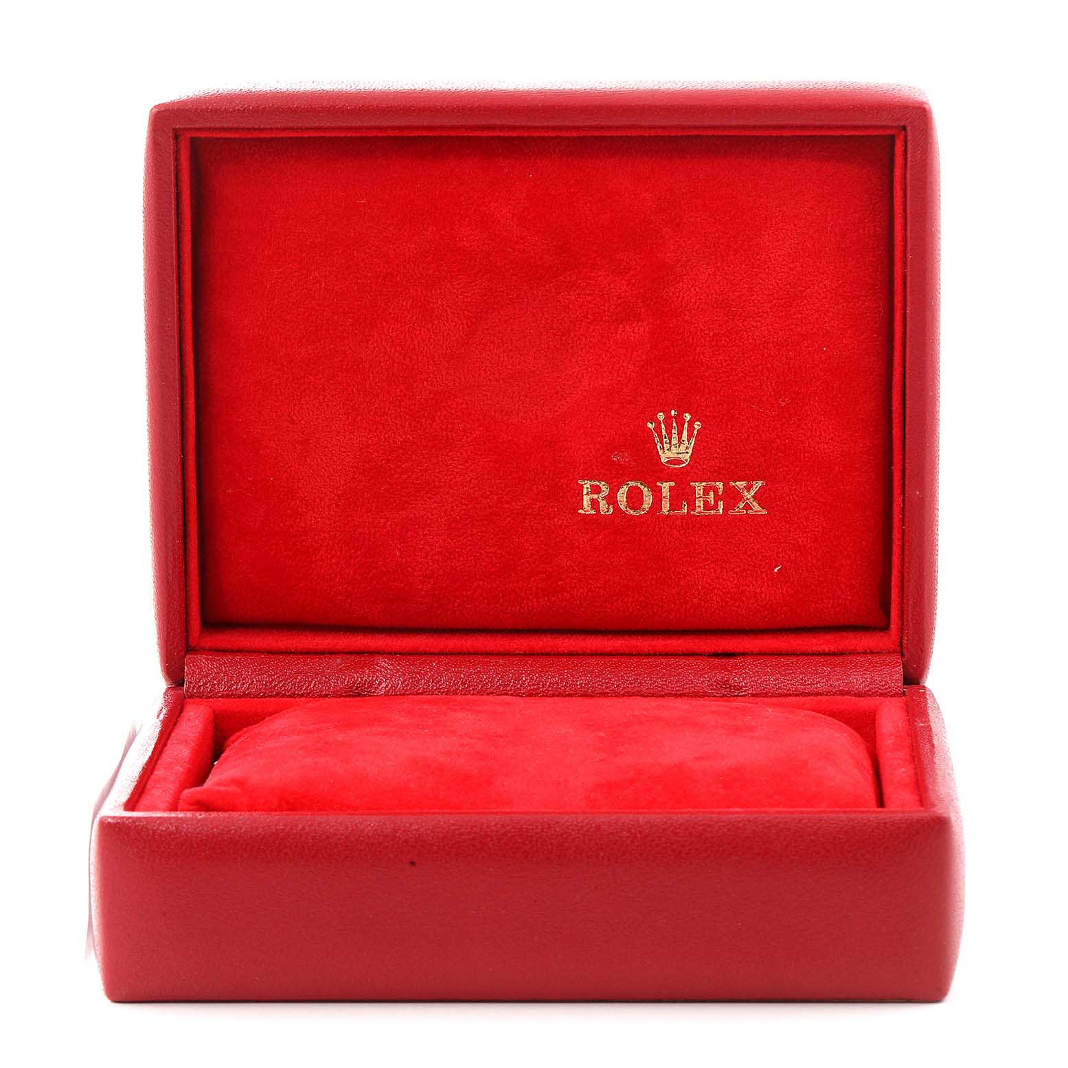 This image shows the open red box of a Rolex Date 79160 Women's Stainless Steel Black Dial 79160 Women's Stainless Steel Black Dial model watch, with the Rolex logo inside the lid.