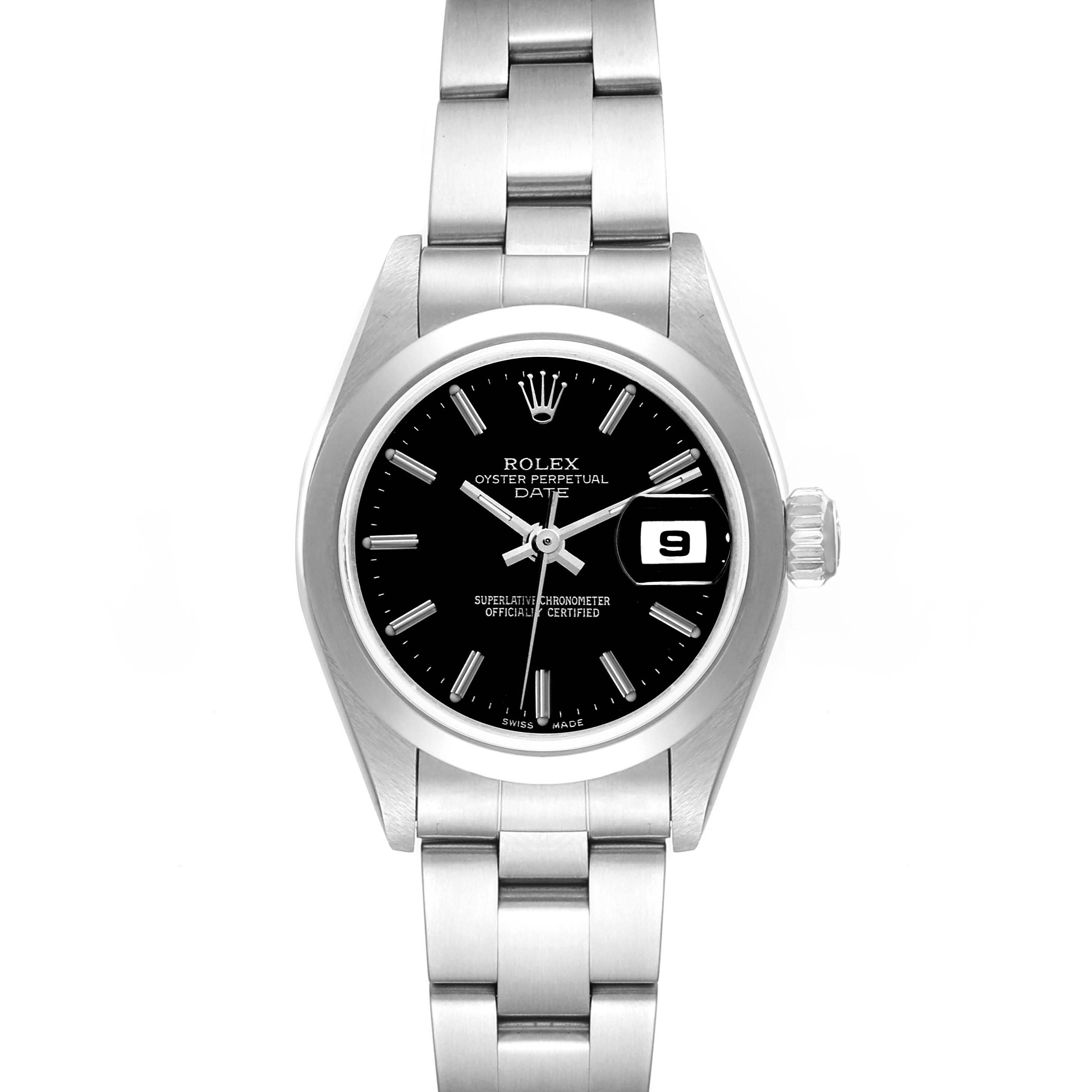 The image shows a front view of the Rolex Oyster Perpetual Date watch, highlighting its dial, bracelet, and crown.