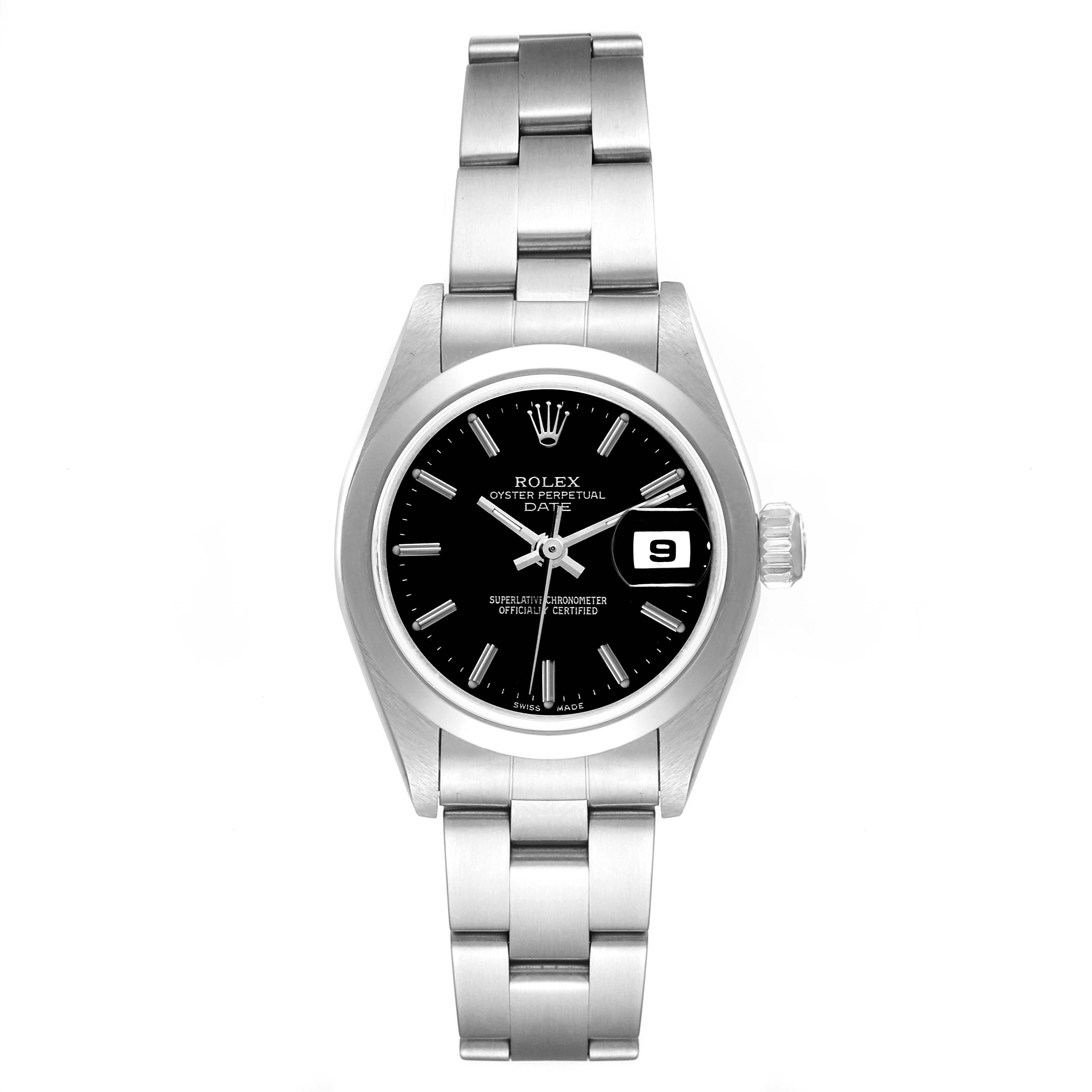 This image shows a front view of a Rolex Date 79160 Women's Stainless Steel Black Dial 79160 Women's Stainless Steel Black Dial model watch, displaying its face, bracelet, and clasp.
