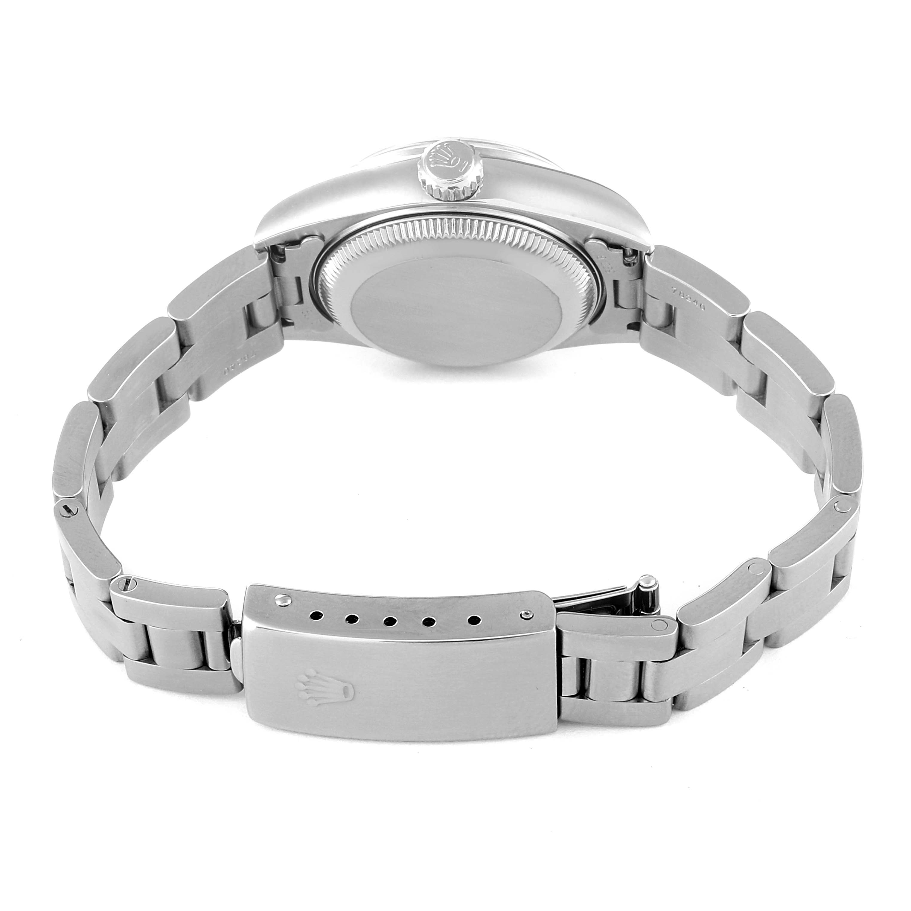 This image shows the back view of a Rolex Date 79160 Women's Stainless Steel Black Dial 79160 Women's Stainless Steel Black Dial model watch, highlighting the caseback, bracelet, and clasp.