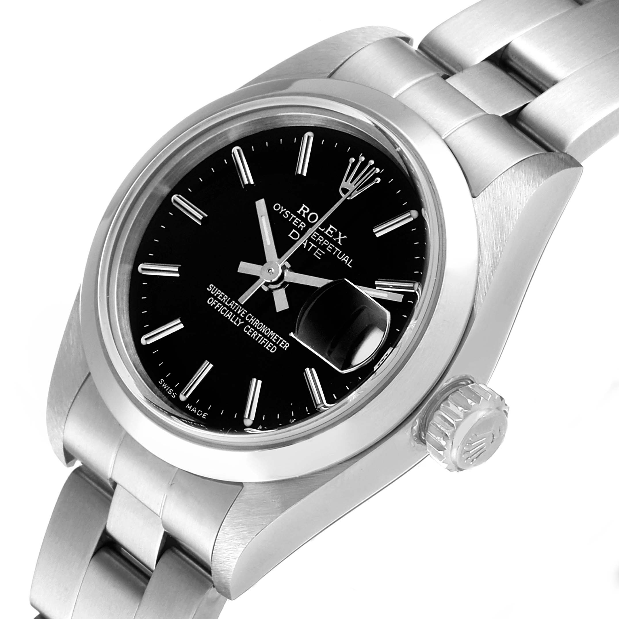 This image shows a Rolex Oyster Perpetual Date watch at an angled top-down view, highlighting the dial, bezel, and bracelet.