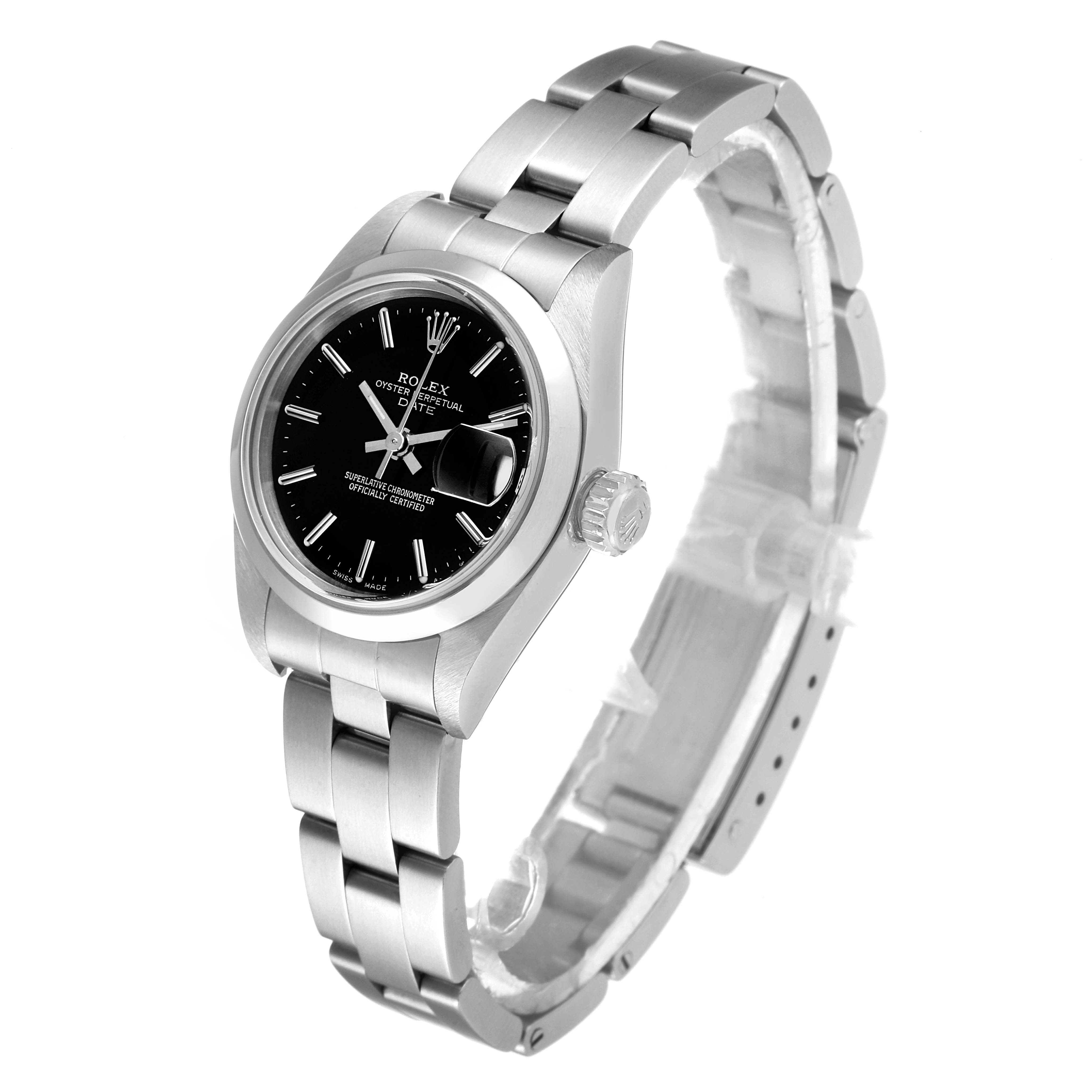 The Rolex Date 79160 Women's Stainless Steel Black Dial 79160 Women's Stainless Steel Black Dial is shown at a three-quarter profile angle, highlighting the watch face, bezel, crown, and metal bracelet.