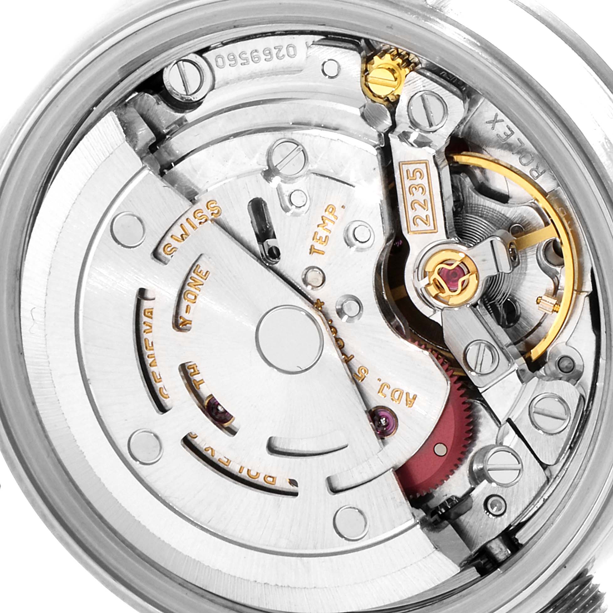 This image shows the intricate internal mechanism of the Rolex Date 79160 Women's Stainless Steel Black Dial 79160 Women's Stainless Steel Black Dial model watch from an underside angle.