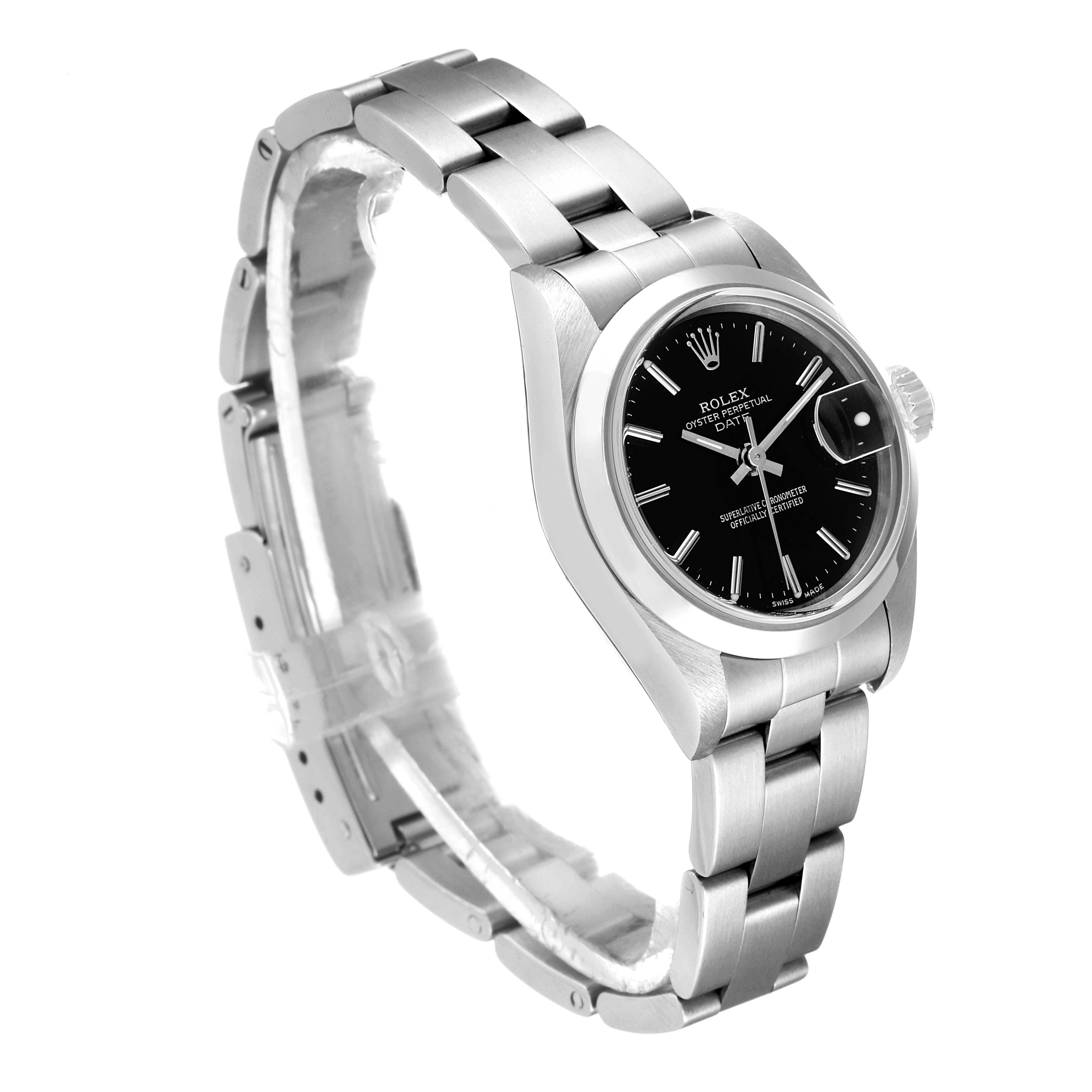 The image shows a Rolex Date 79160 Women's Stainless Steel Black Dial 79160 Women's Stainless Steel Black Dial model watch at an angled view, highlighting the face, bezel, crown, and a portion of the bracelet.