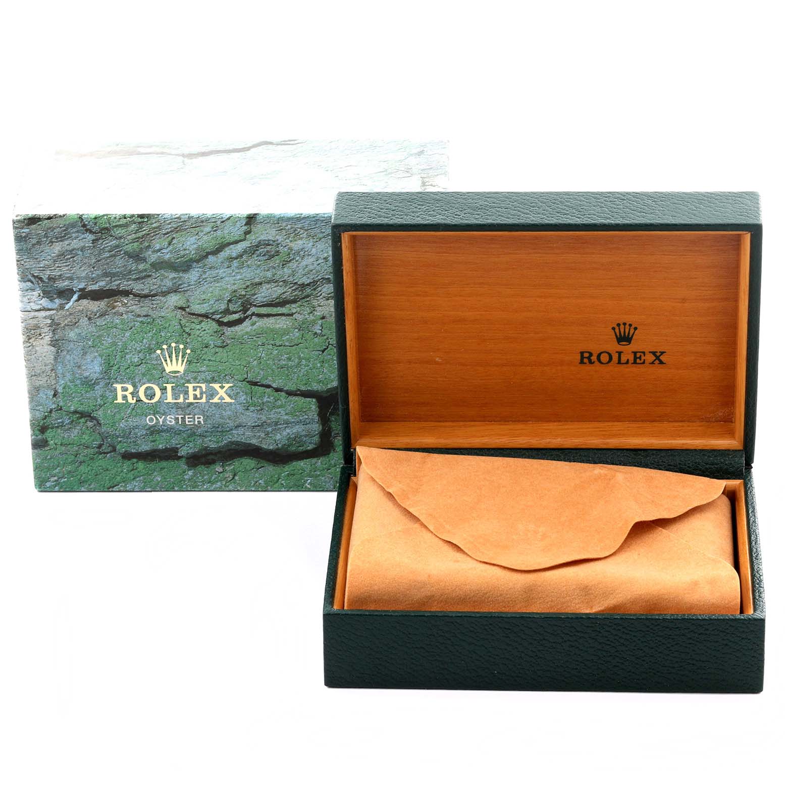 The image shows an open Rolex Date 15200 Men's Stainless Steel Black Dial 15200 Men's Stainless Steel Black Dial model box, featuring green exterior and wood interior, with a suede watch cushion inside.