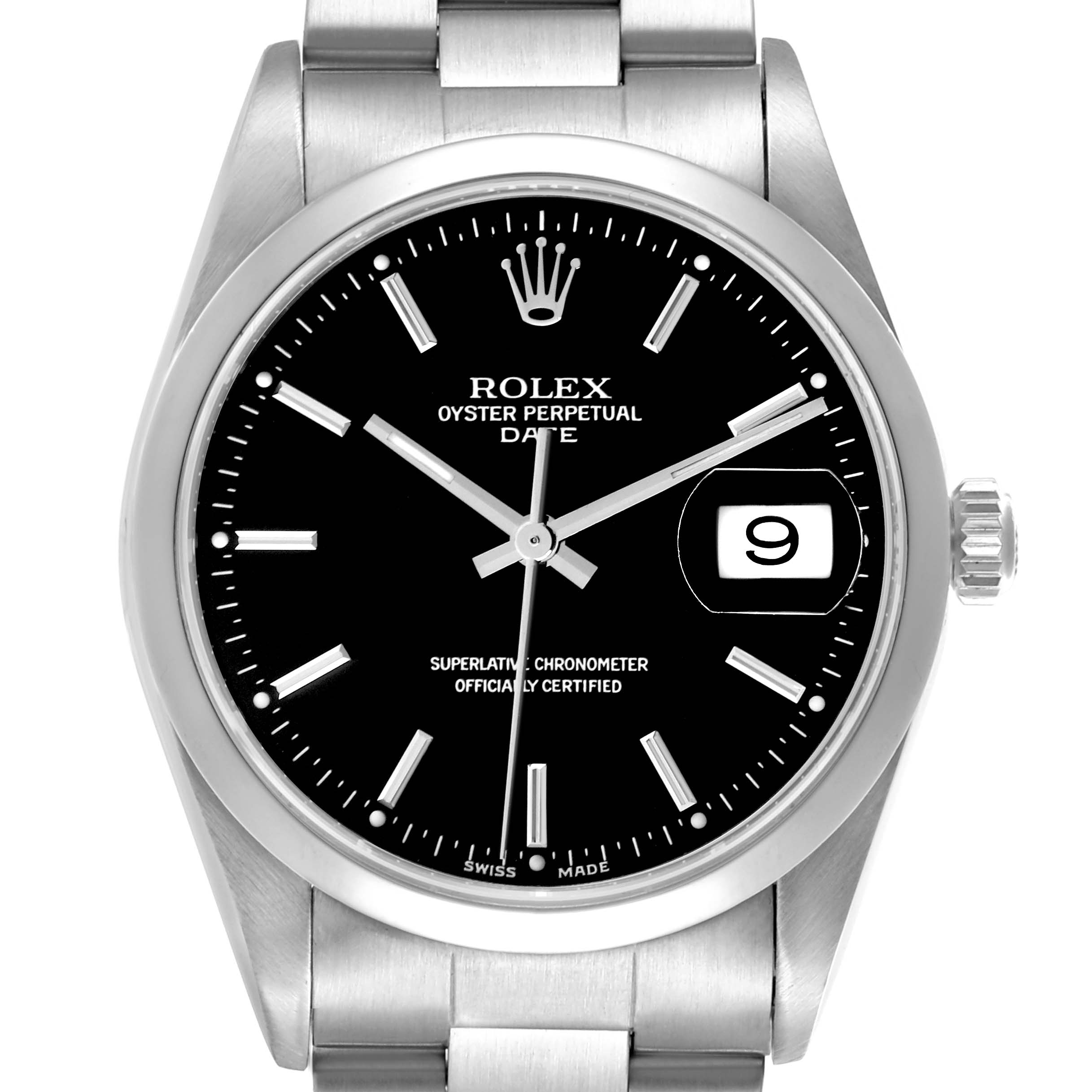 The Rolex Date 15200 Men's Stainless Steel Black Dial 15200 Men's Stainless Steel Black Dial watch is shown from a front-angle, displaying the dial, hands, crown, and top of the bracelet.