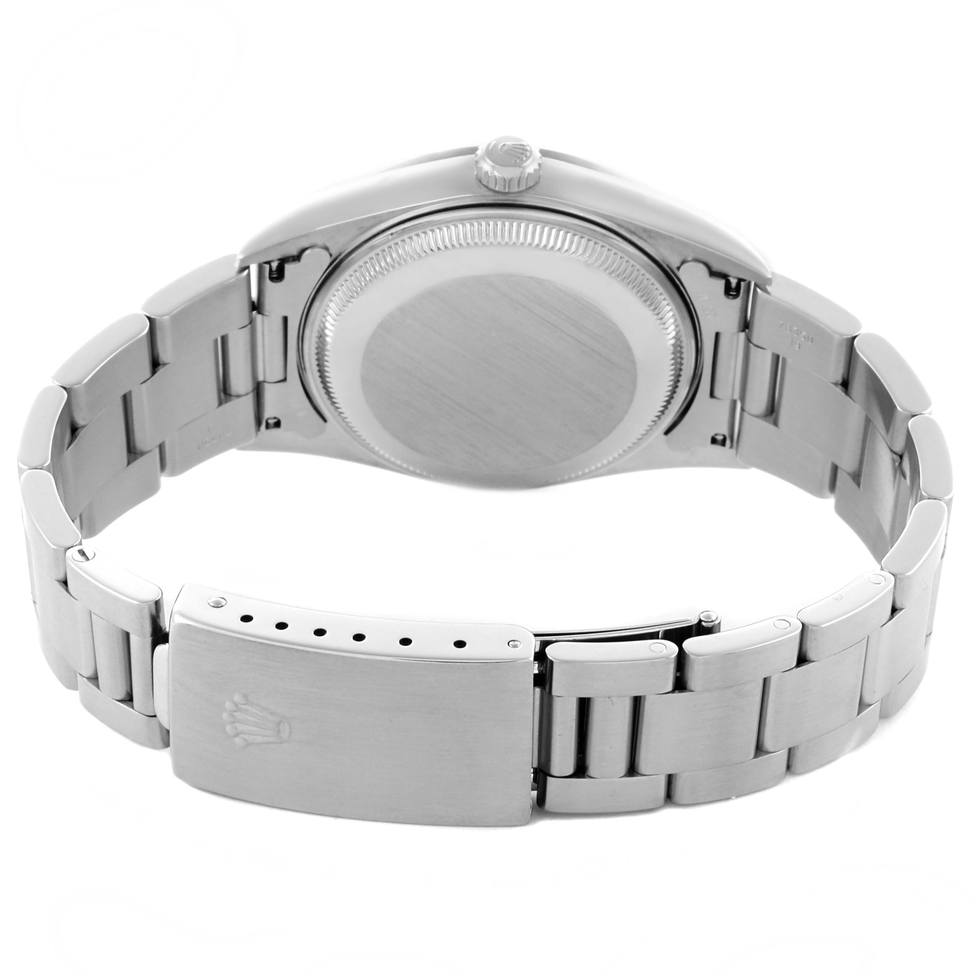 The Rolex Date 15200 Men's Stainless Steel Black Dial 15200 Men's Stainless Steel Black Dial watch is shown from the back, highlighting the case back, bracelet, and clasp.