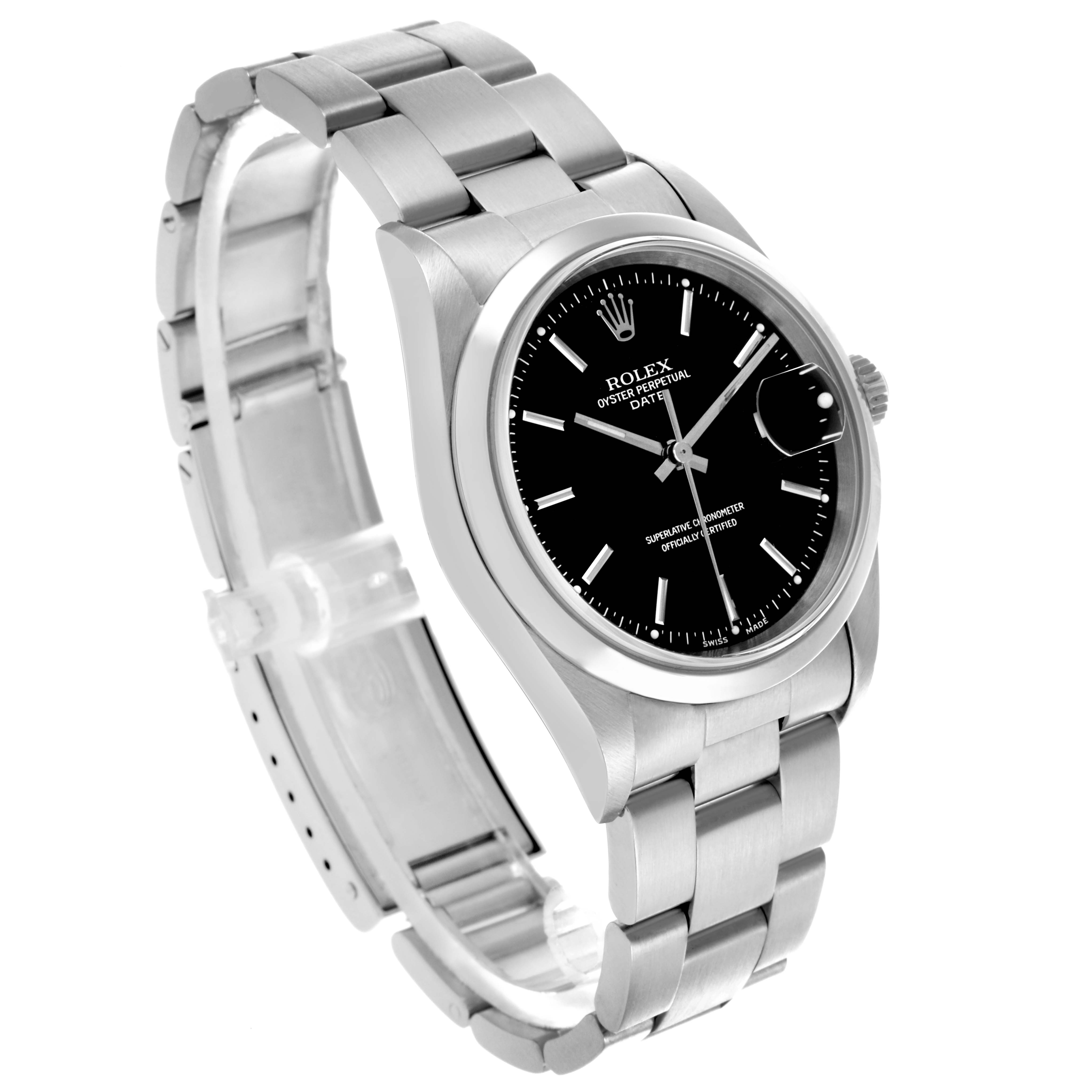 The Rolex Date 15200 Men's Stainless Steel Black Dial 15200 Men's Stainless Steel Black Dial watch is shown at a slight angle, highlighting the face, bezel, bracelet, and crown.