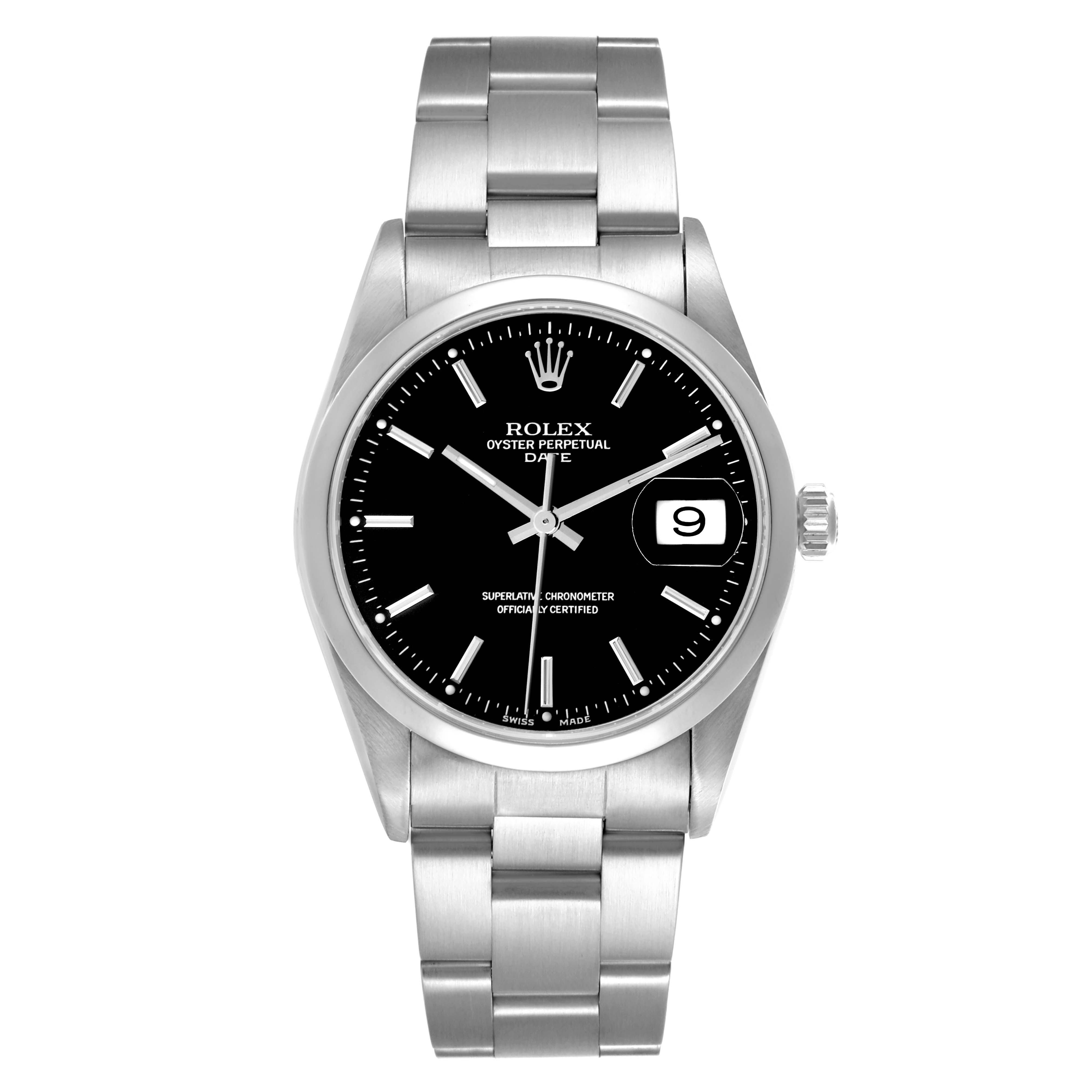 The Rolex Date 15200 Men's Stainless Steel Black Dial 15200 Men's Stainless Steel Black Dial model is shown from a front view, displaying the dial, bezel, bracelet, and date window.