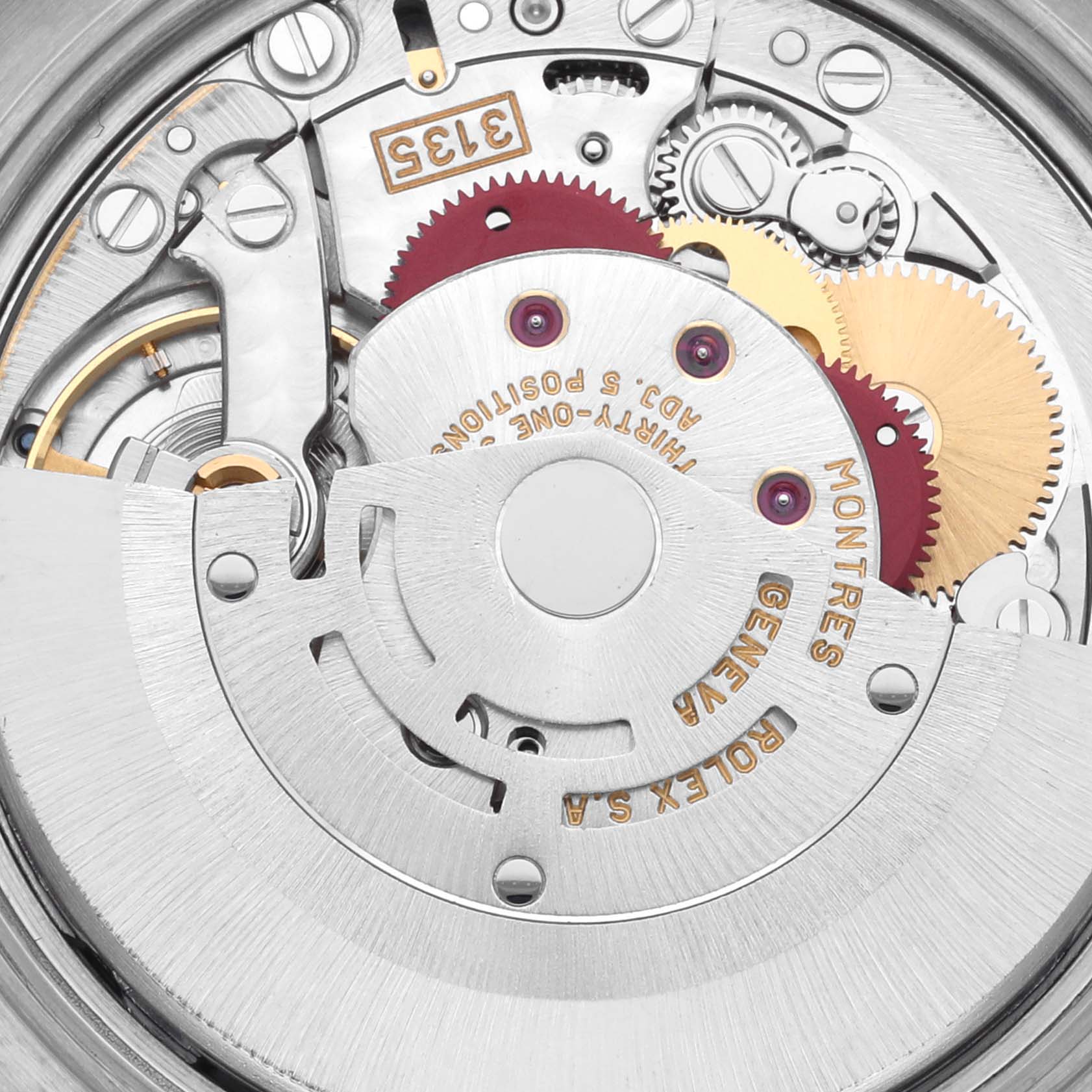 The image shows a close-up of the movement of a Rolex Date 15200 Men's Stainless Steel Pink Dial 15200 Men's Stainless Steel Pink Dial model, focusing on gears and rotors.