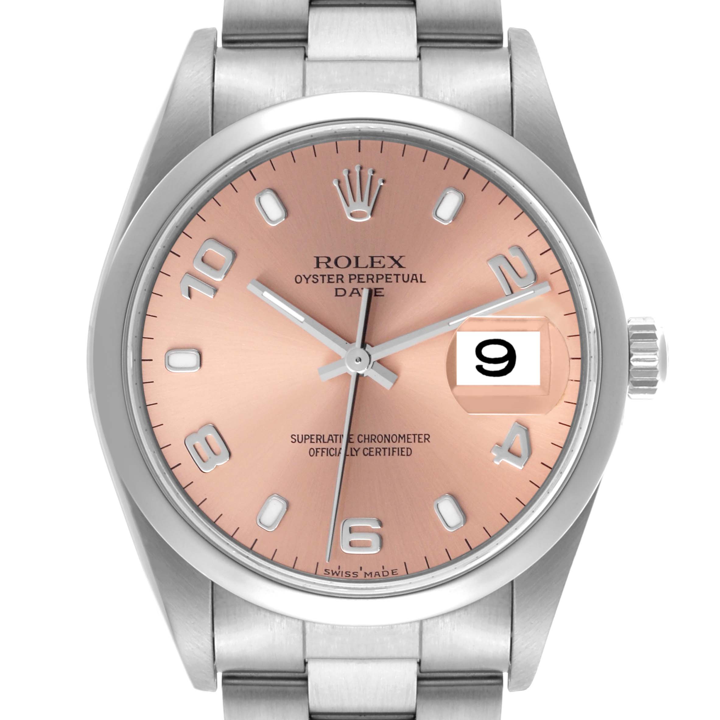 The Rolex Date 15200 Men's Stainless Steel Pink Dial 15200 Men's Stainless Steel Pink Dial model watch is shown from a top-down angle, highlighting its dial, hour markers, and date window.