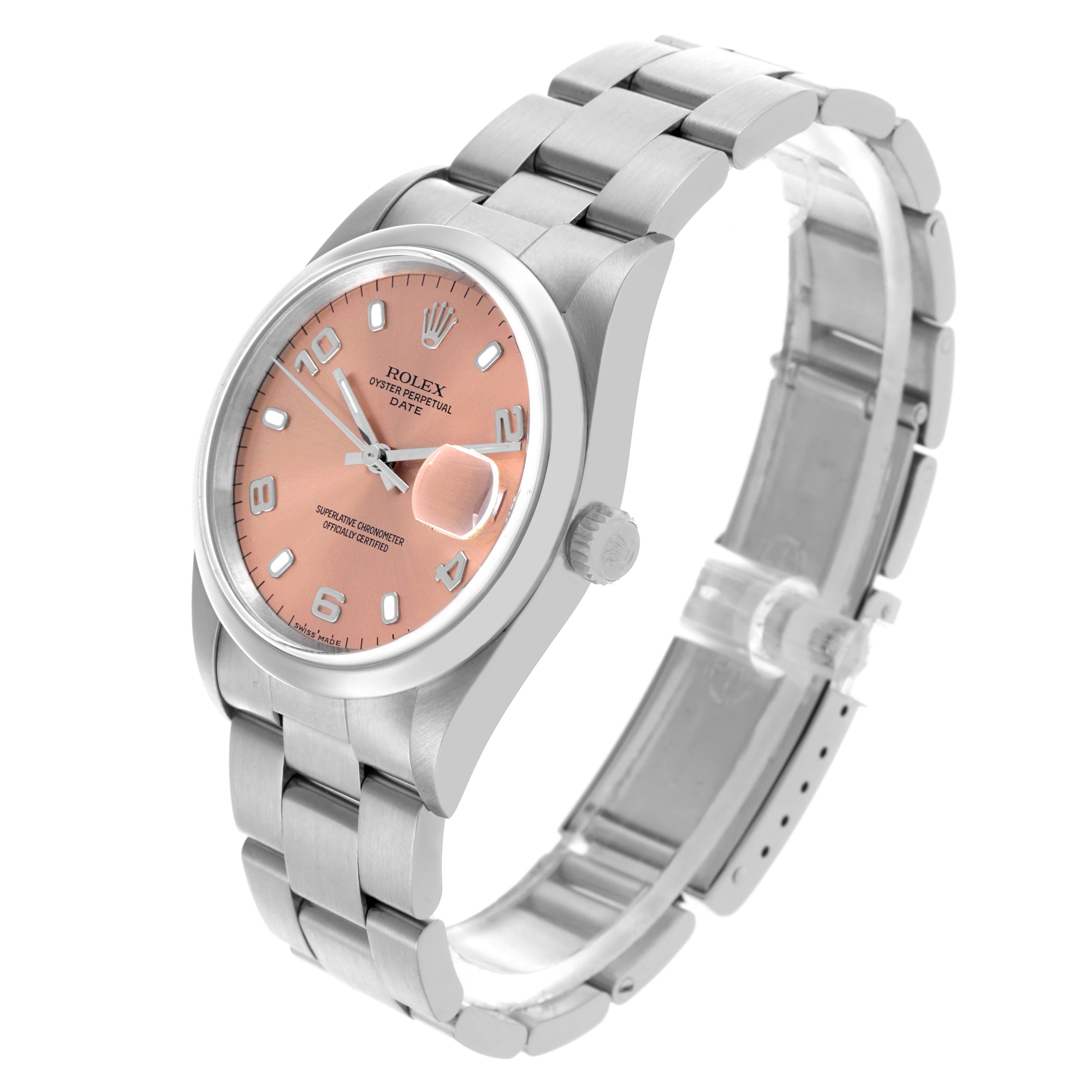 The Rolex Date 15200 Men's Stainless Steel Pink Dial 15200 Men's Stainless Steel Pink Dial model watch is shown at a three-quarters angle, highlighting the face, bezel, bracelet, and crown.