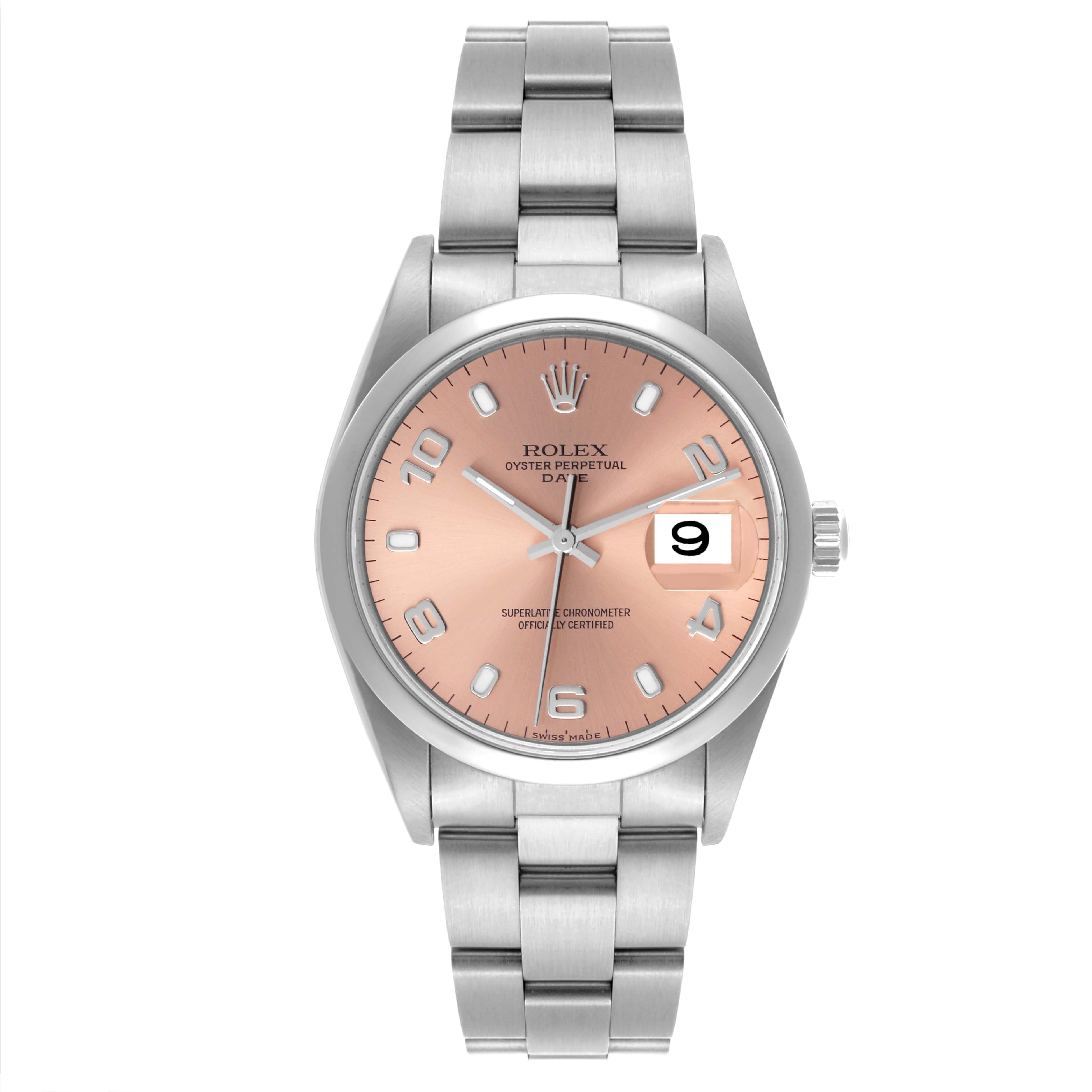 The Rolex Date 15200 Men's Stainless Steel Pink Dial 15200 Men's Stainless Steel Pink Dial watch is shown from a front angle, displaying the dial, bezel, bracelet, and crown.