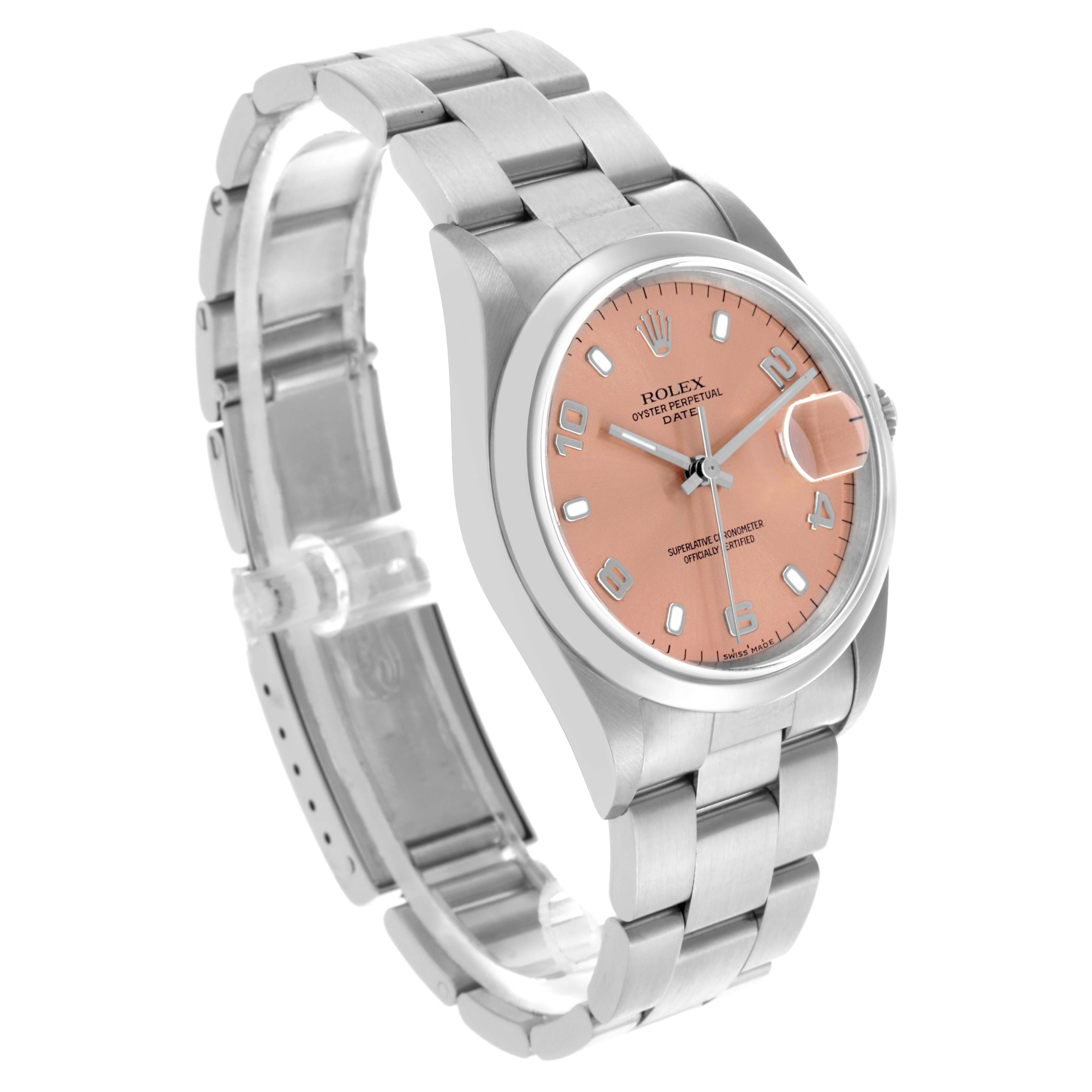 The Rolex Date 15200 Men's Stainless Steel Pink Dial 15200 Men's Stainless Steel Pink Dial model is shown at an angled view, highlighting the dial, bezel, case, bracelet, and clasp.