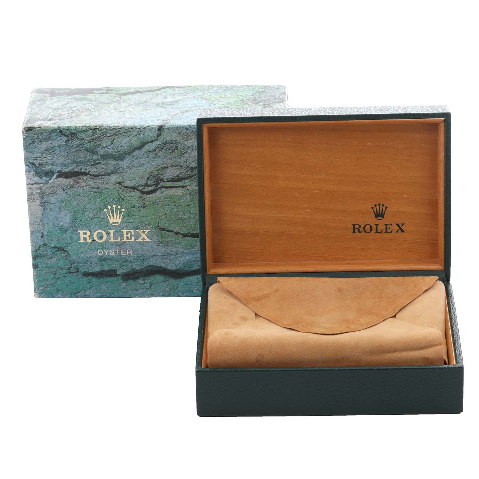 The image shows a Rolex Date 15200 Men's Stainless Steel Pink Dial 15200 Men's Stainless Steel Pink Dial model box and suede pouch, viewed from the front, with "Rolex" branding visible.