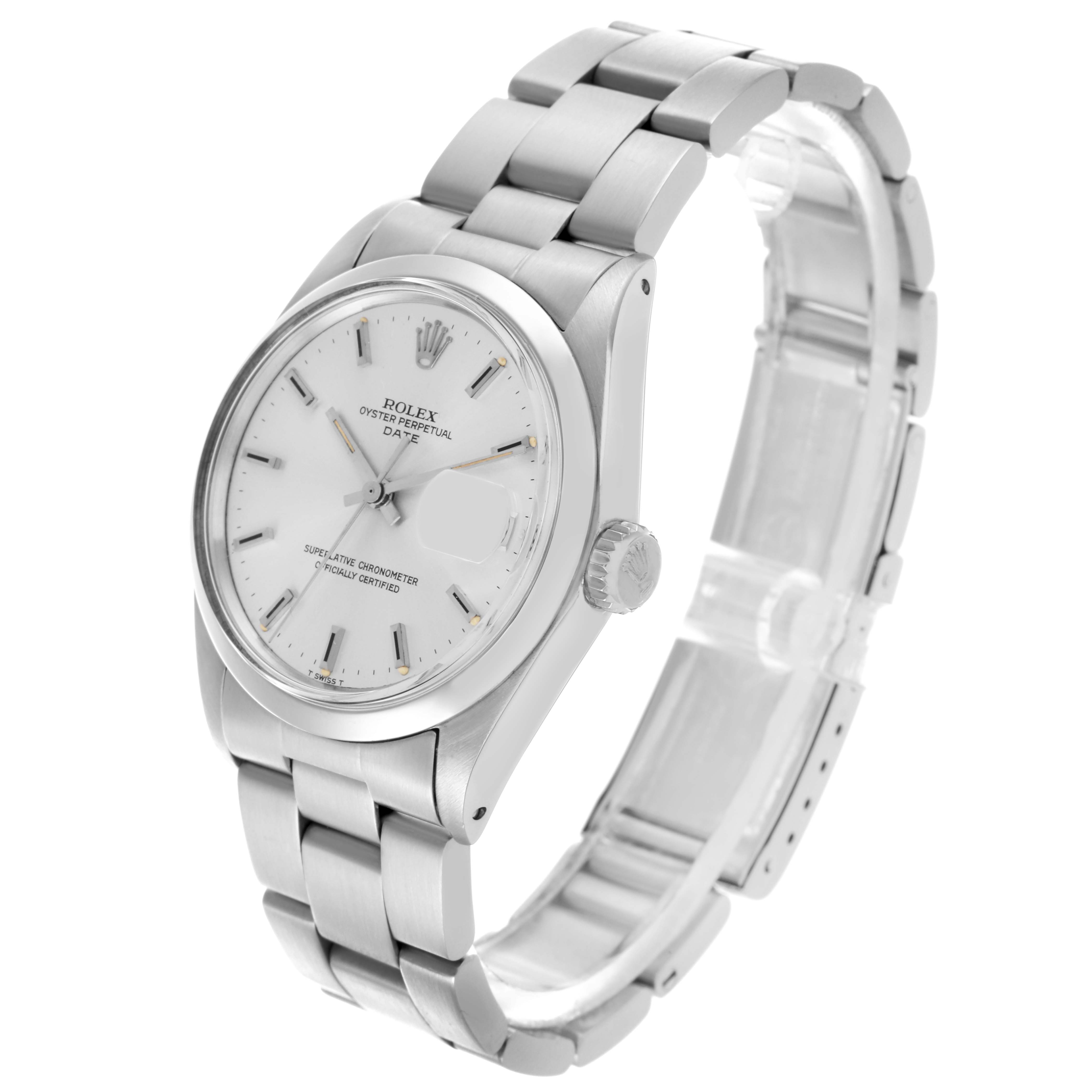 The Rolex Date 1500 Men's Stainless Steel Silver Dial 1500 Men's Stainless Steel Silver Dial model is shown at a three-quarter angle, highlighting the face, bezel, crown, and bracelet.